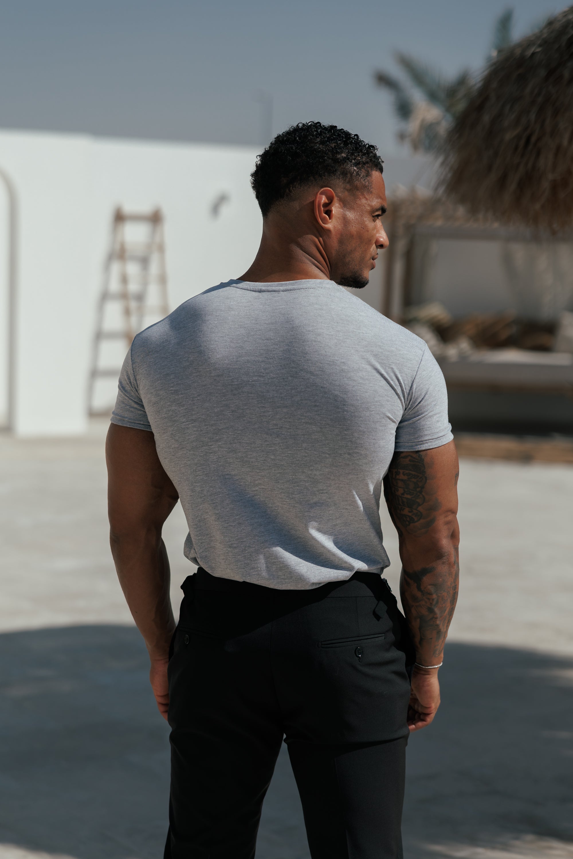 Light Grey Crew Neck Tshirt with Silver Metal Emblem Decal - FSH1452