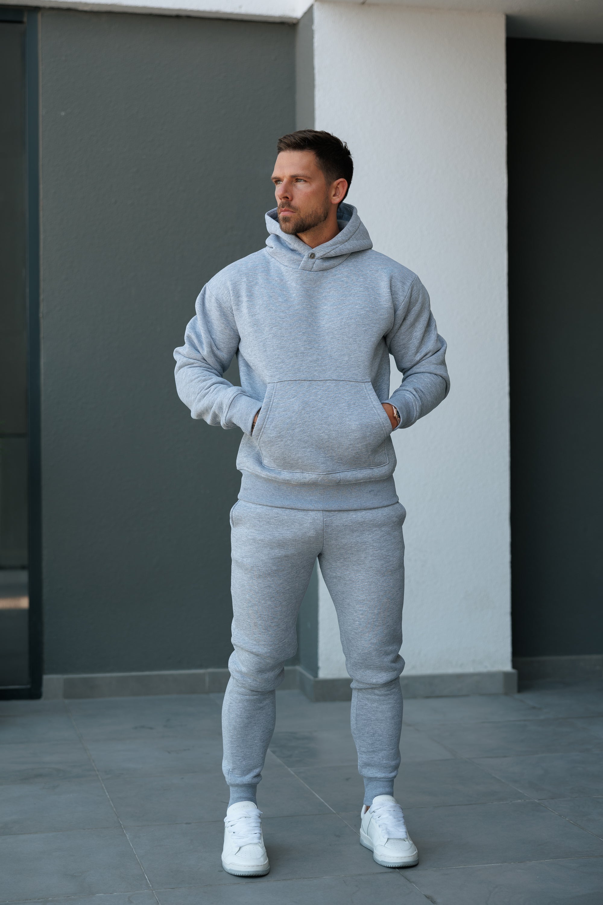 Light Marl Grey Oversized Hoodie With Functional FS Stud - FSR003