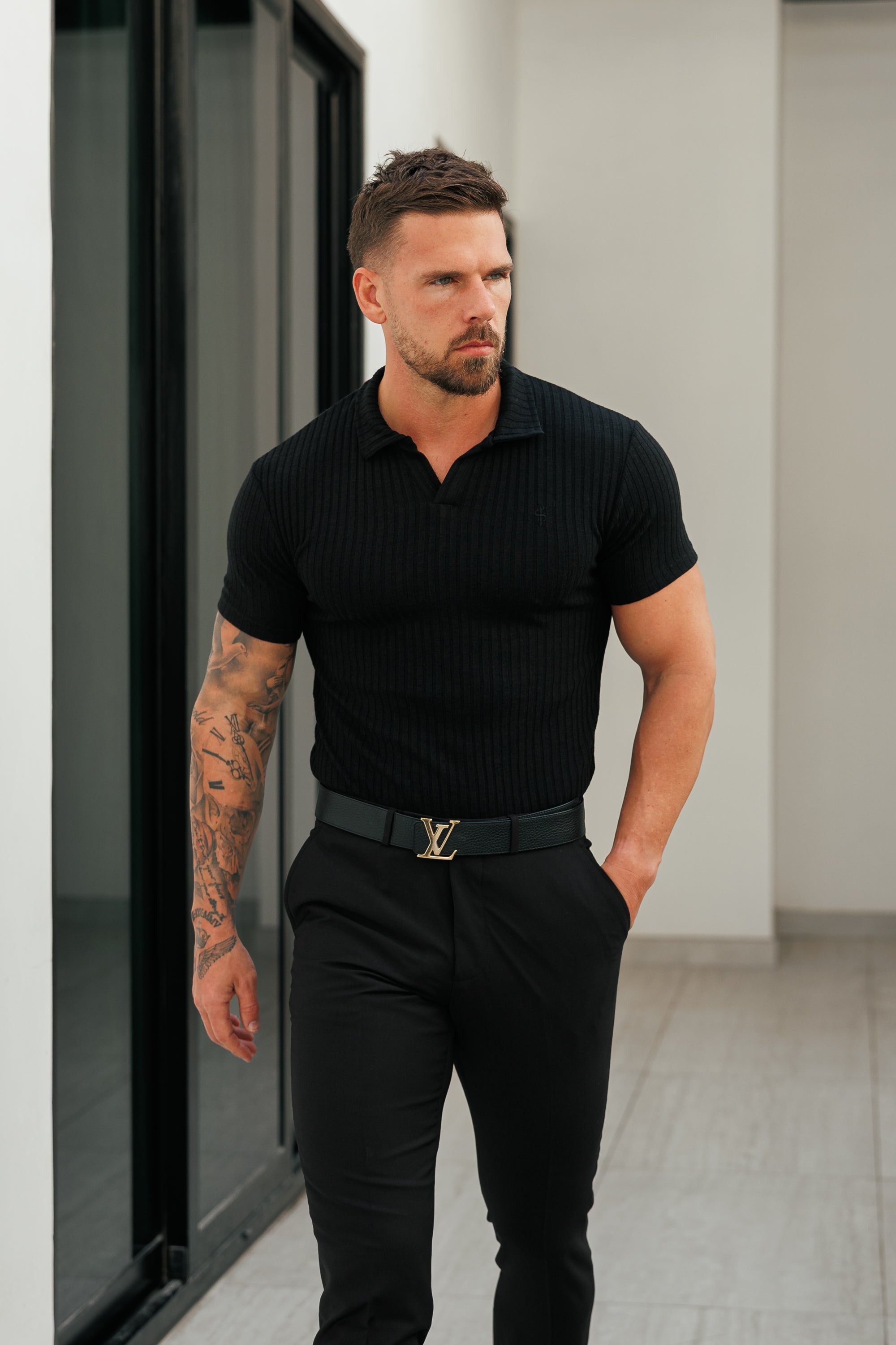 Black Ribbed Revere Short Sleeve Polo Shirt - FSH1412