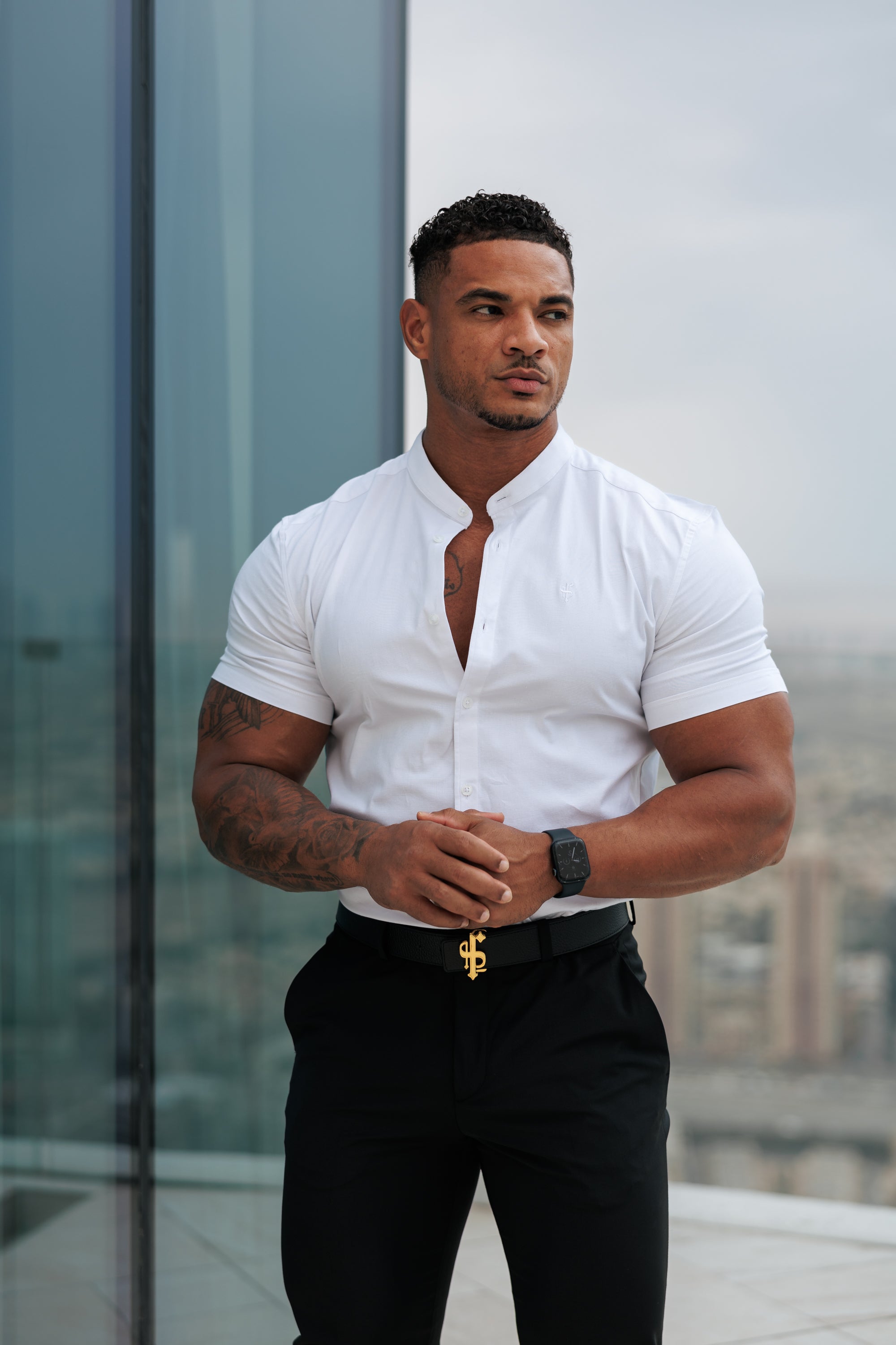 Super Slim Stretch Classic All White Grandad Collar Short Sleeve - FS580