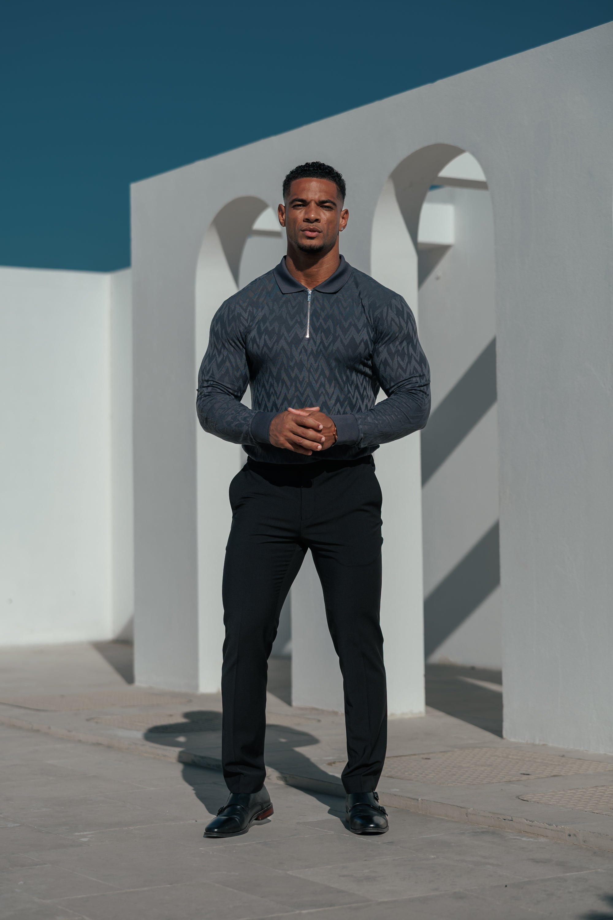 Classic Jacquard Charcoal Chevron Zipped Polo Long Sleeve - FSR044