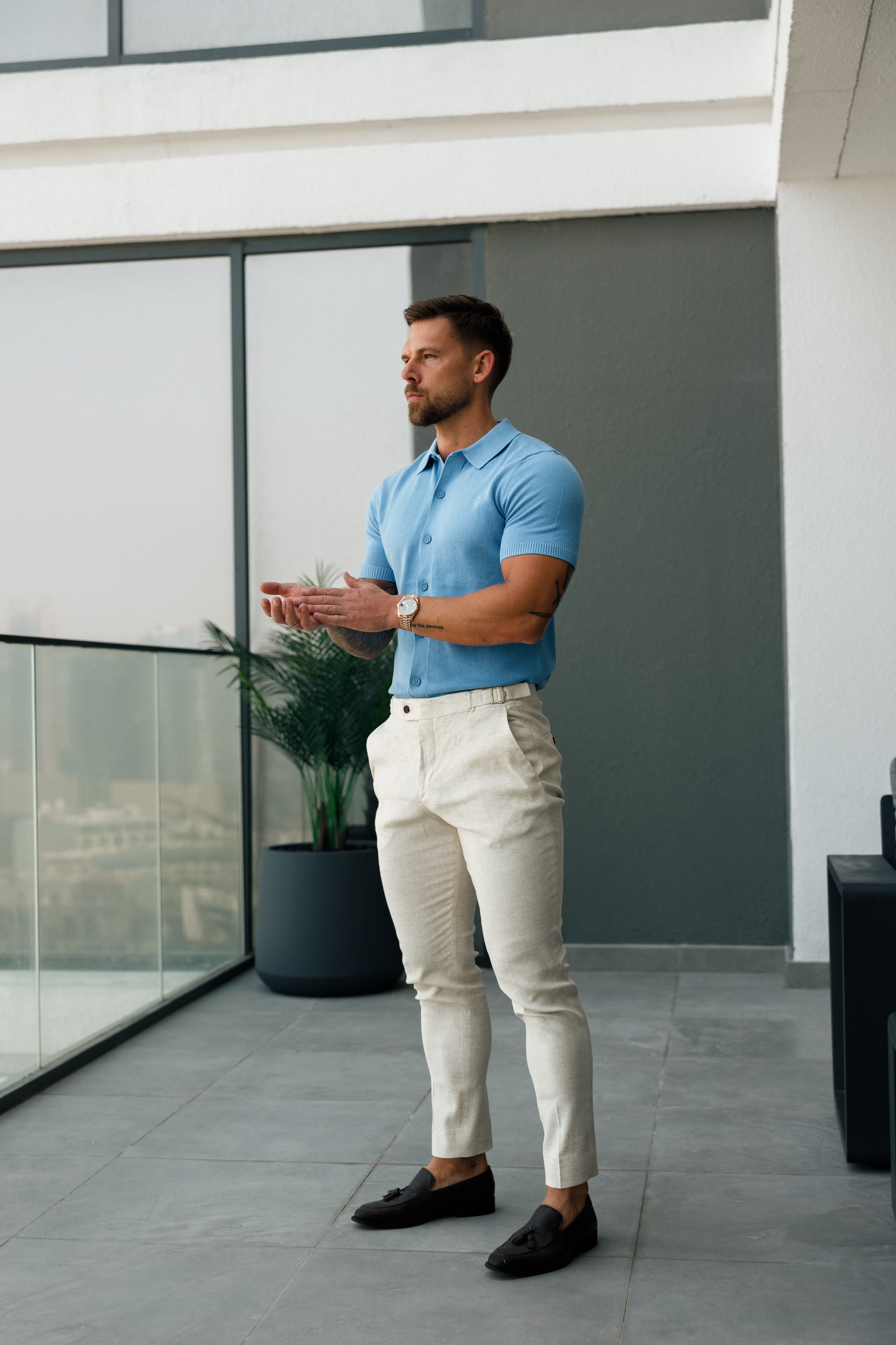 Classic Plain Light Blue Knitted Button Through Polo Short Sleeve - FSN161