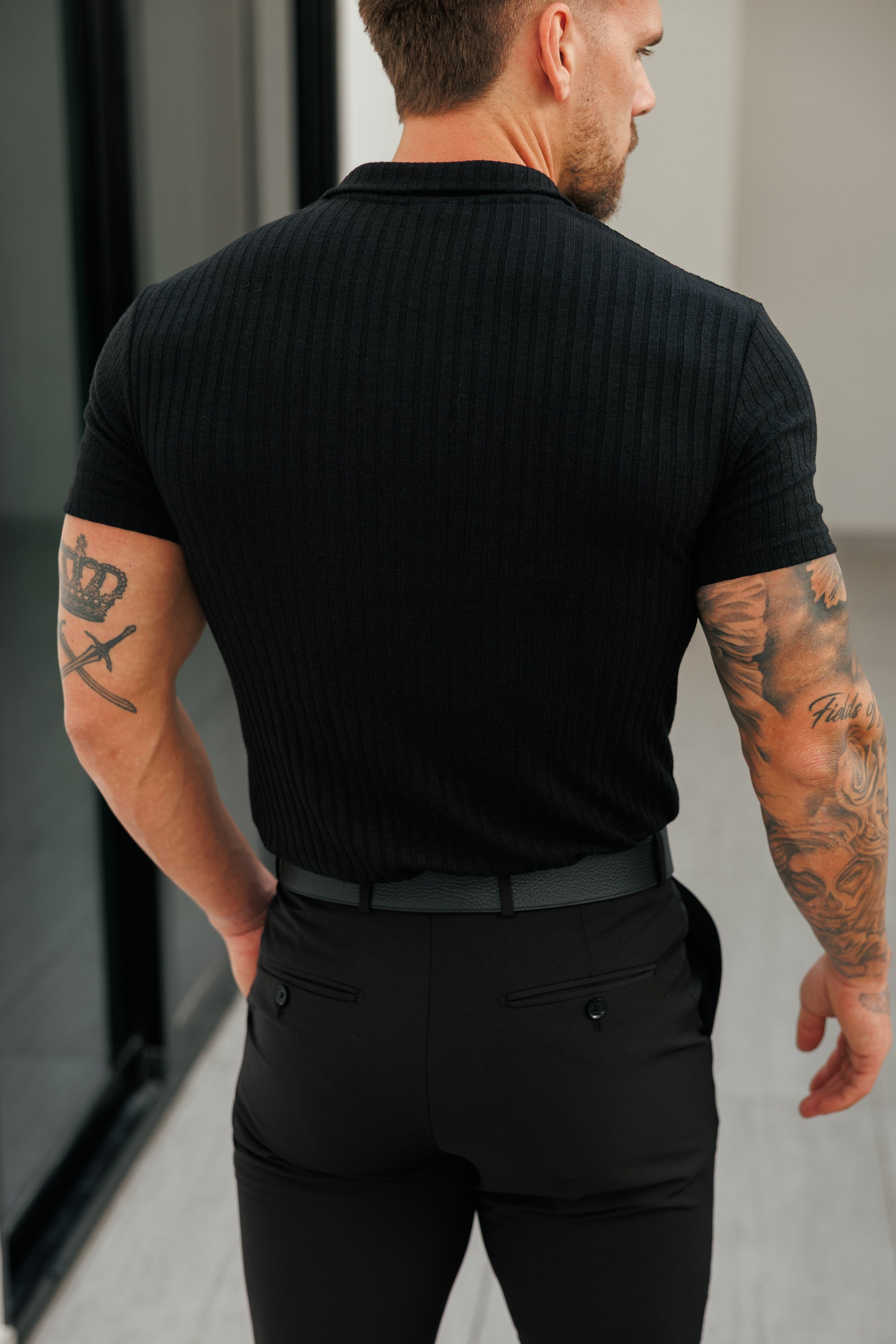 Black Ribbed Revere Short Sleeve Polo Shirt - FSH1412