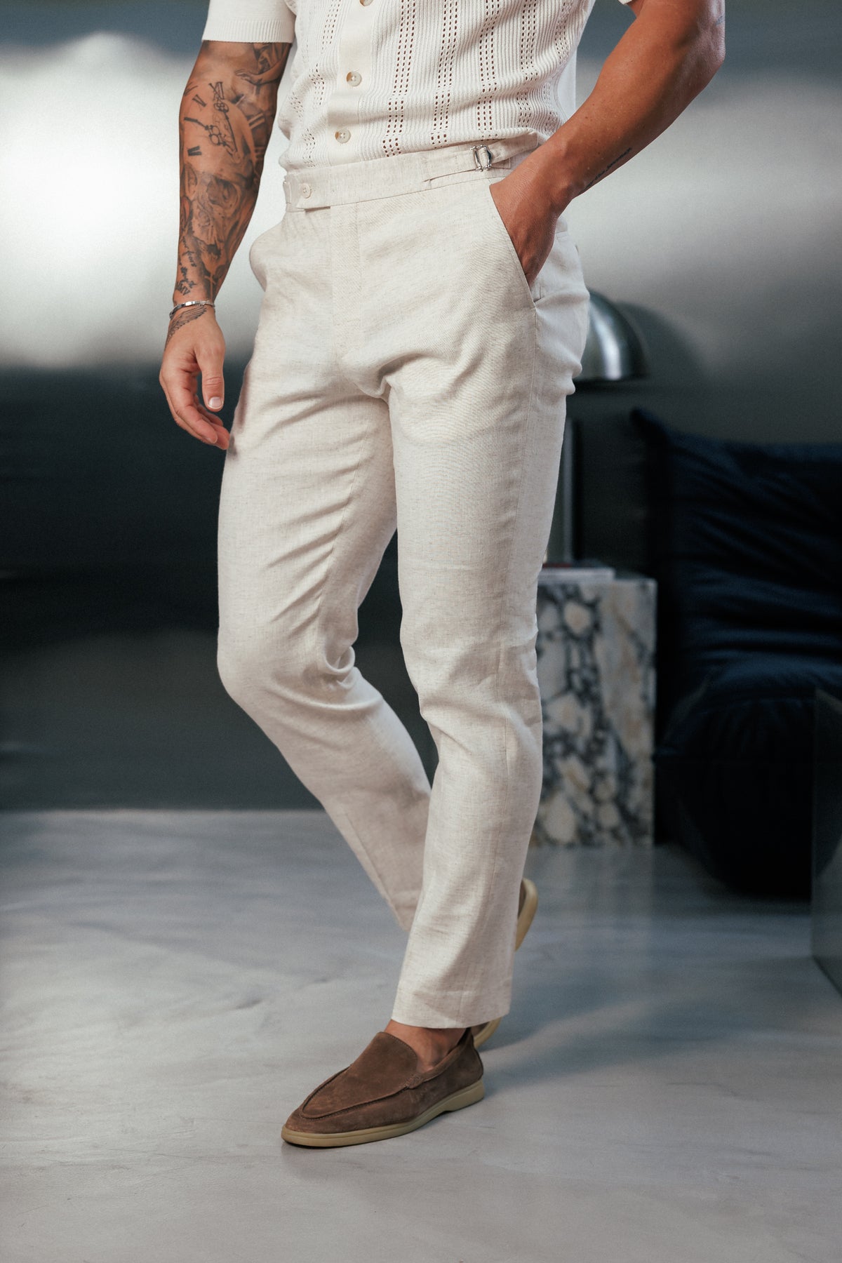 Slim Formal Cream Linen Trousers With Side Adjusters - FST020