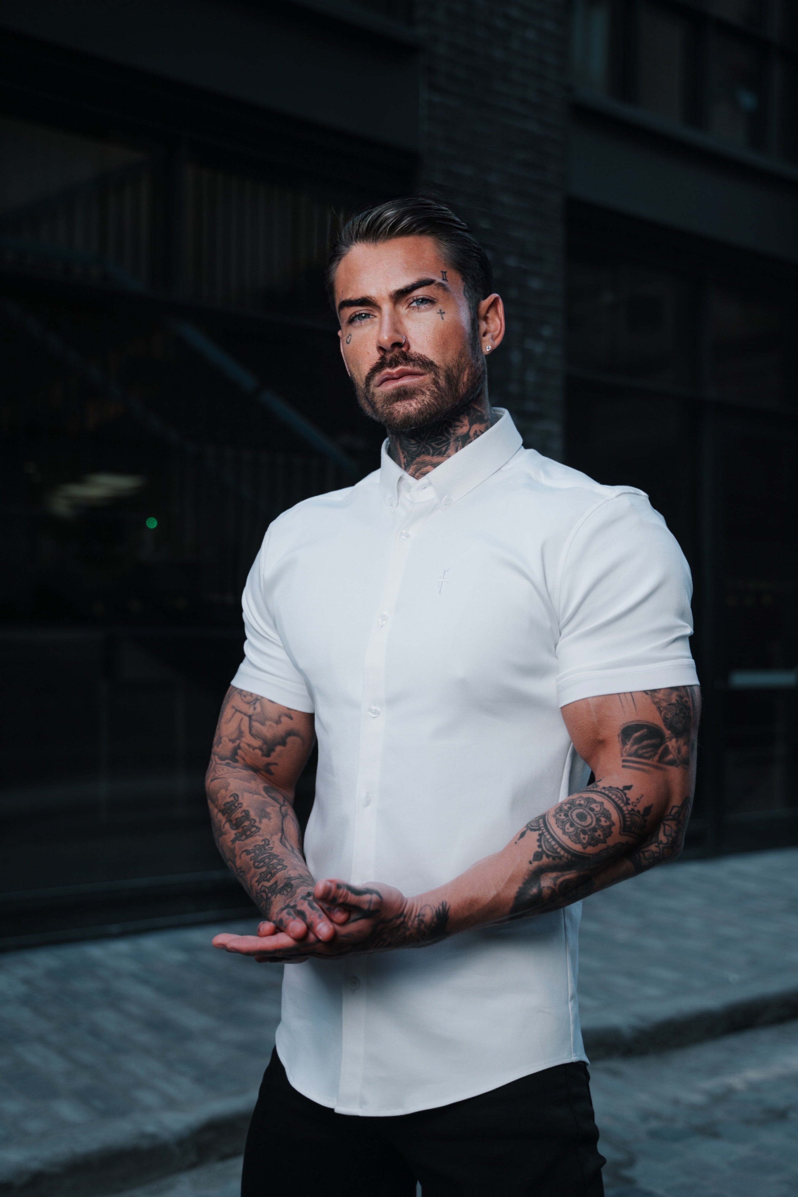 Super Slim Stretch White Denim Short Sleeve - FS598