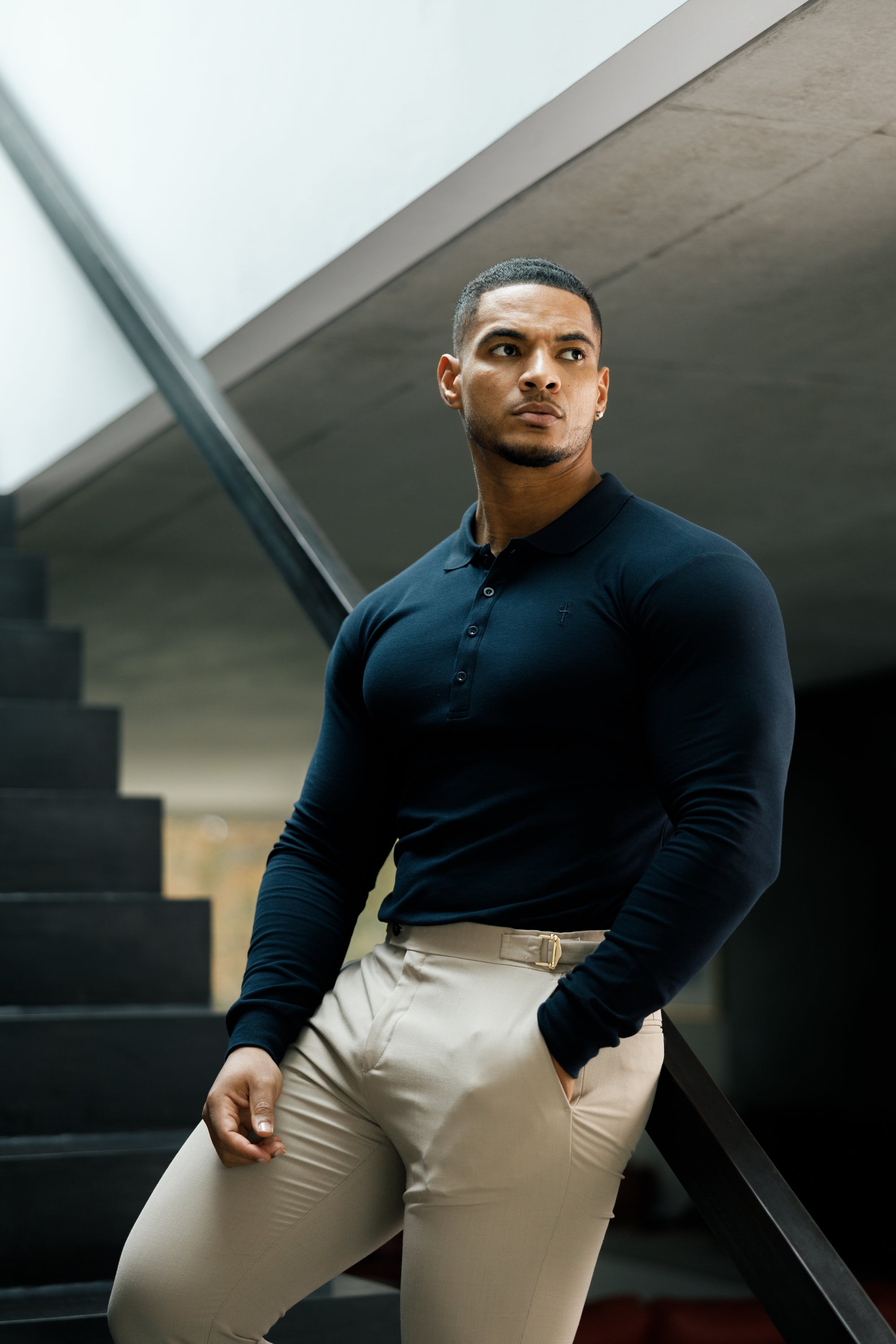 Classic Navy Tonal Polo Long Sleeve Shirt - FSH861