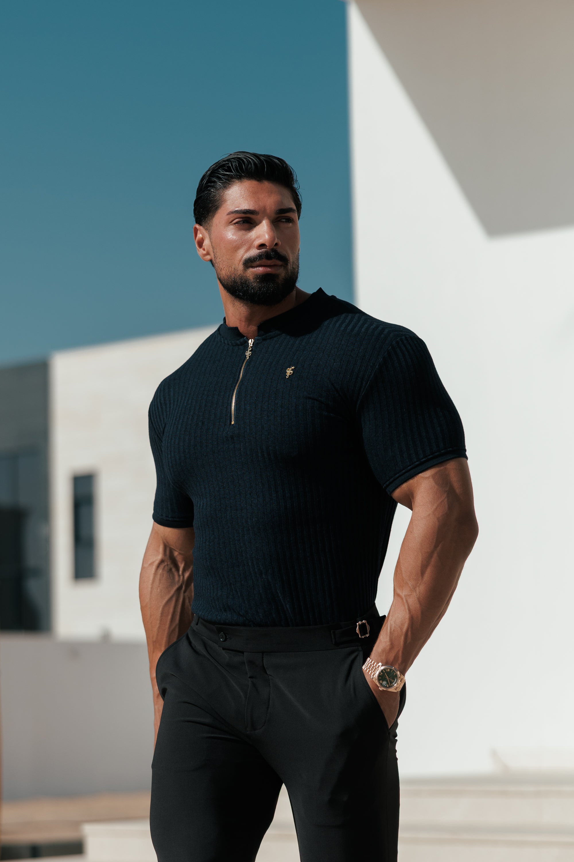 Classic Navy Ribbed Zip Grandad Collar Shirt Short Sleeve - FSH773