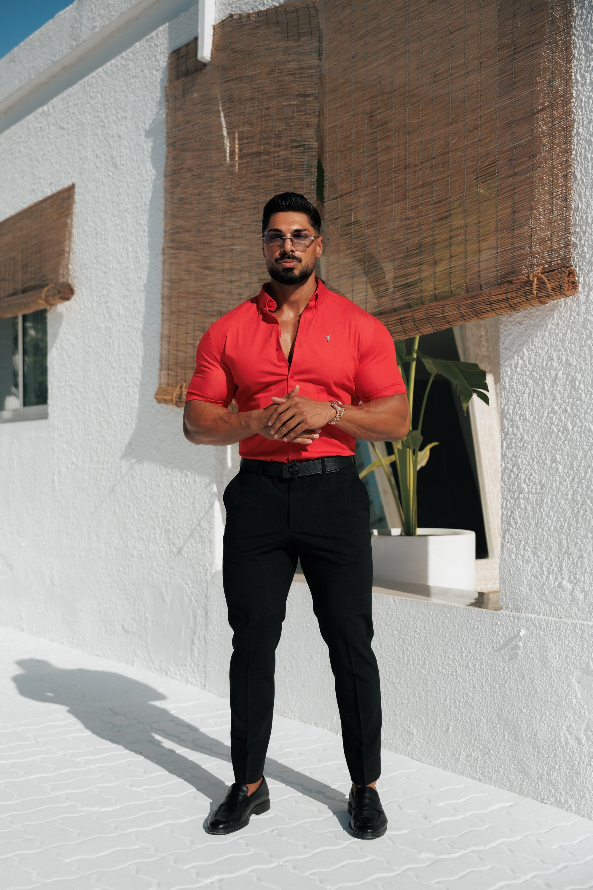 Super Slim Stretch Postbox Red Denim Short Sleeve with Button Down Collar - FS1135