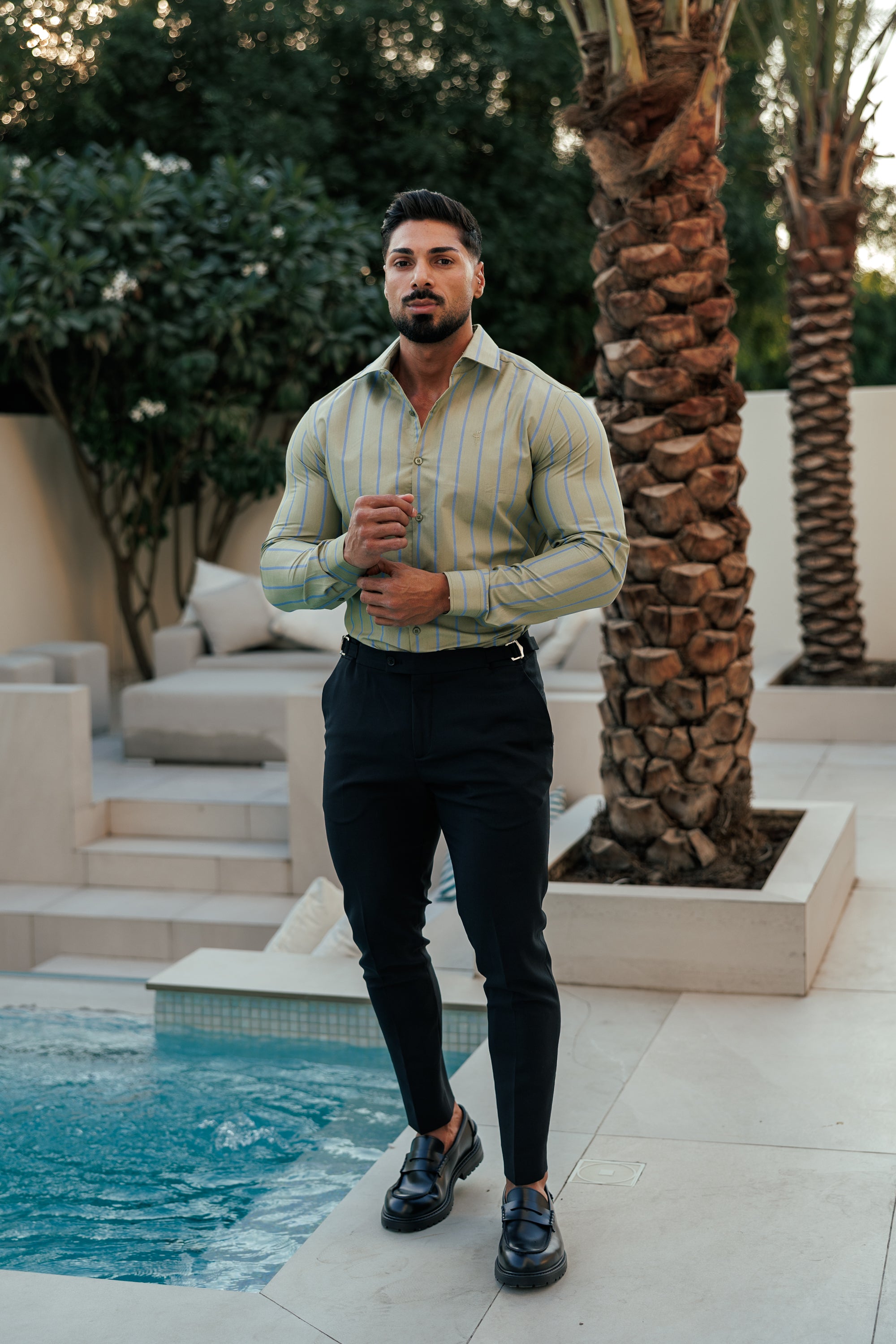 Classic Green / Blue Stripe Long Sleeve with Cutaway Collar - FS1179