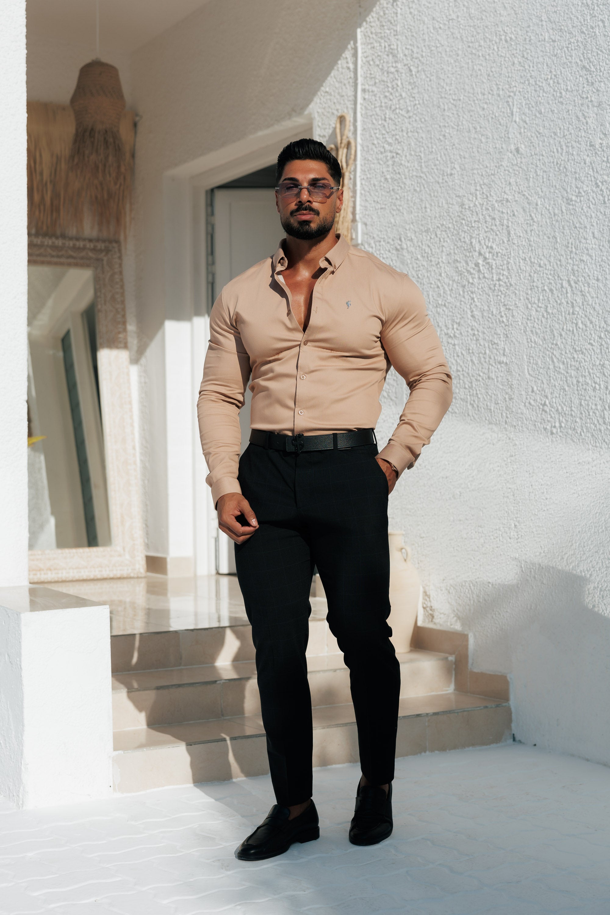 Super Slim Stretch Taupe Denim Long Sleeve with Button Down Collar Gold Metal Decal - FS1130