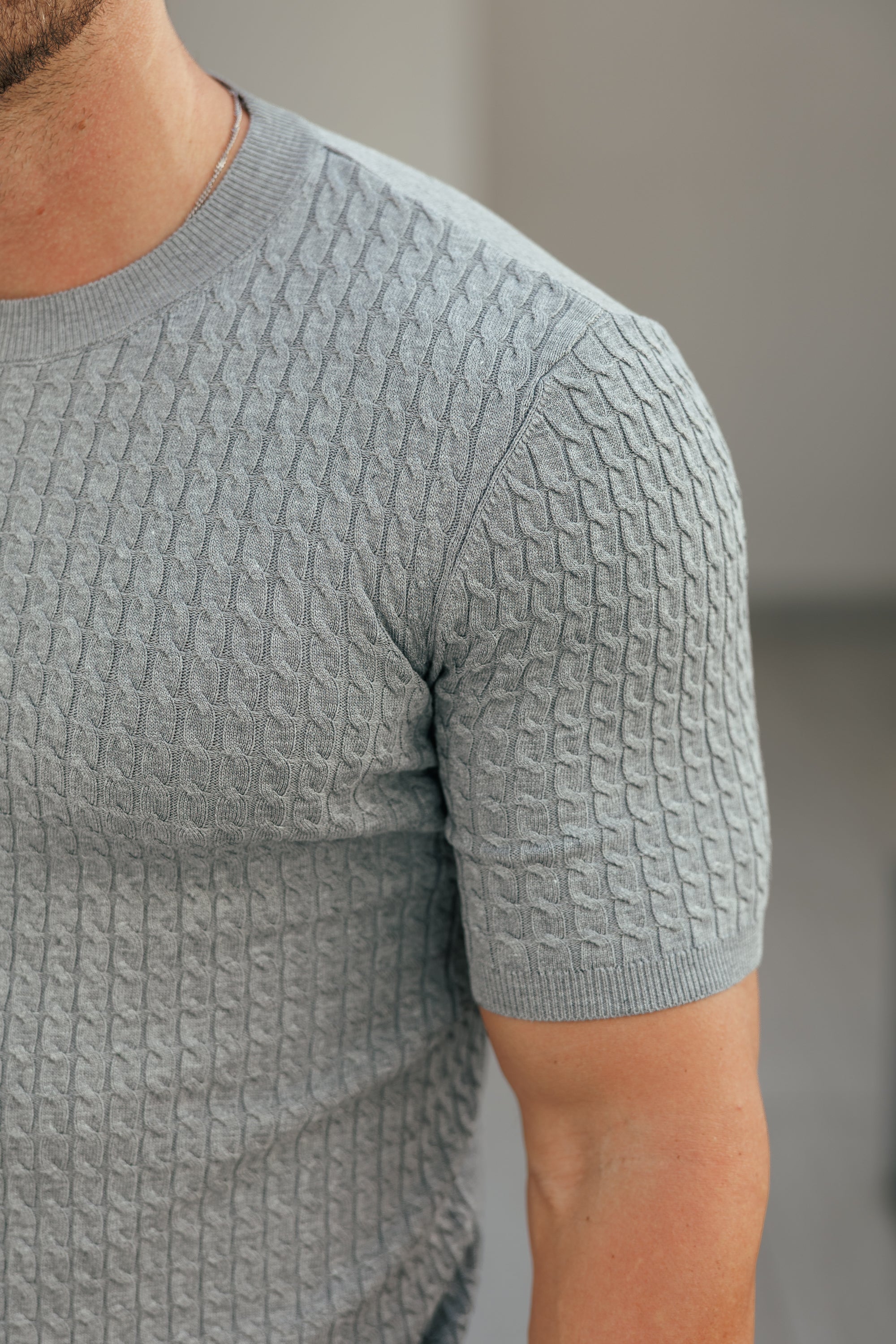 Front Chain Knit Crew T-Shirt Light Charcoal Short Sleeve  -  FSR058