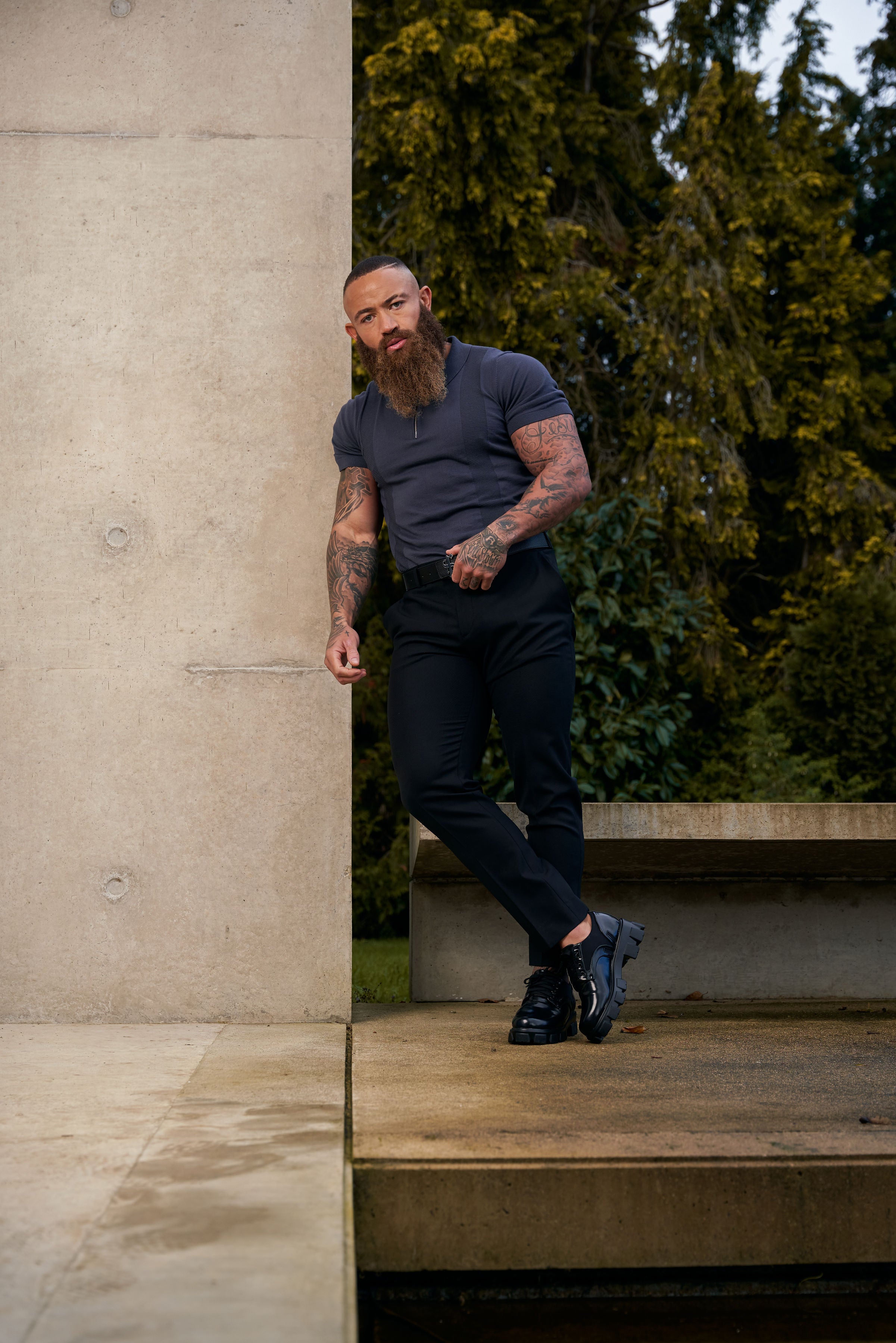 Classic Gunmetal and Silver Zip Knitted Polo Shirt Short Sleeve  - FSN133