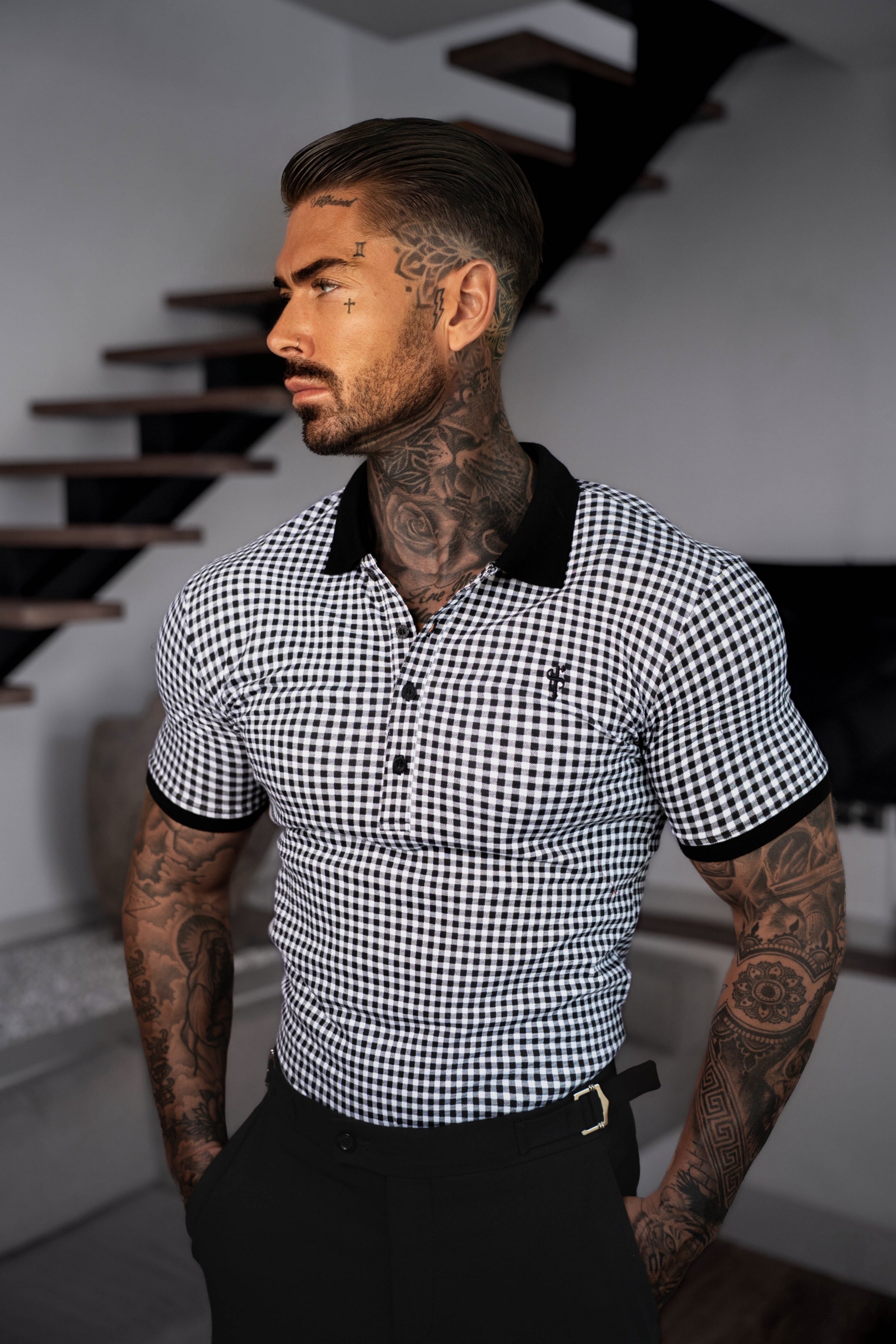 Black / White Printed Check Polo Shirt - FSH1260