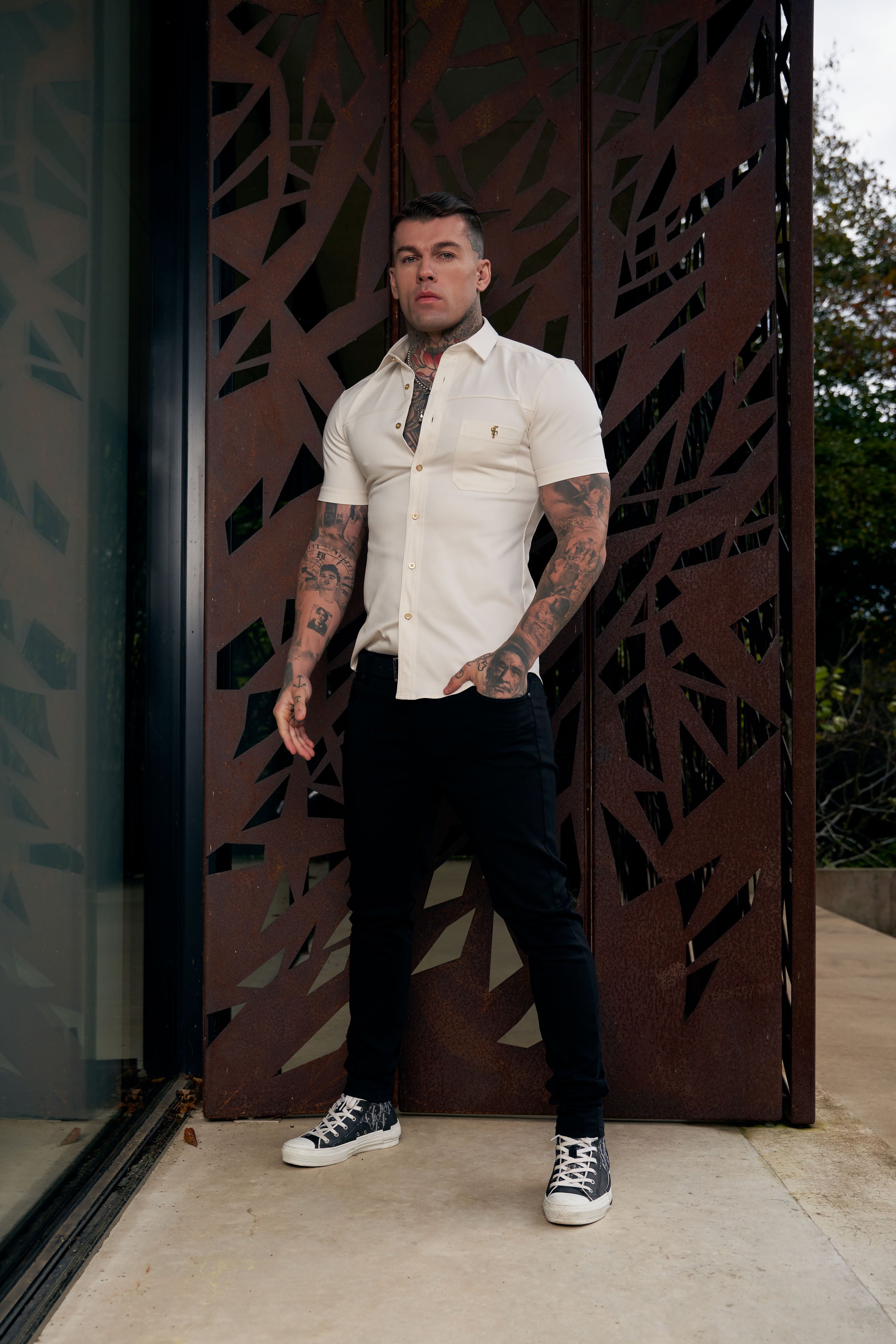 Super Slim Stretch Cream Denim Short Sleeve with Horizontal Seam and Pocket- FS955