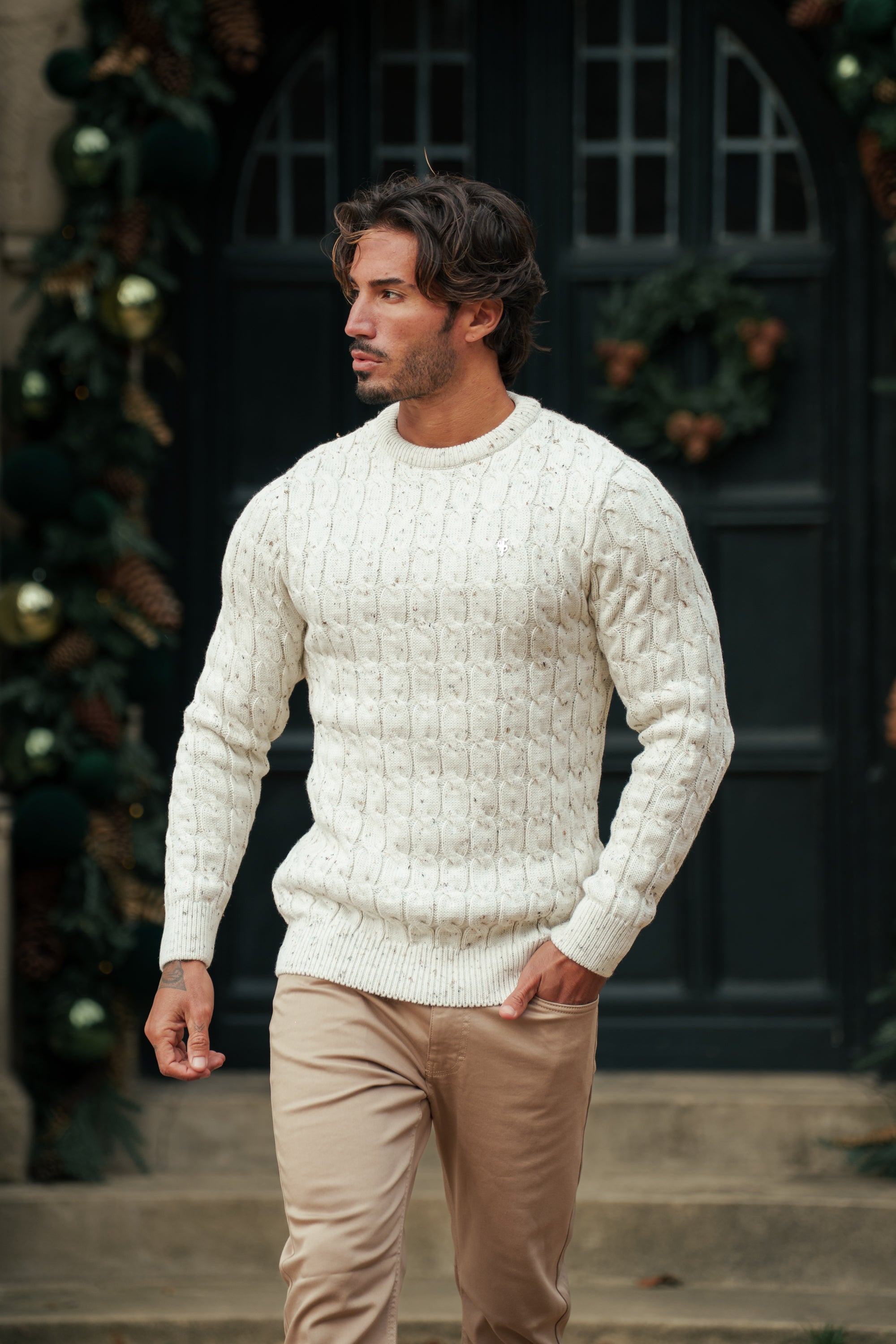 Link Weave Knit Beige Fleck Crew Neck Jumper - FSJ128