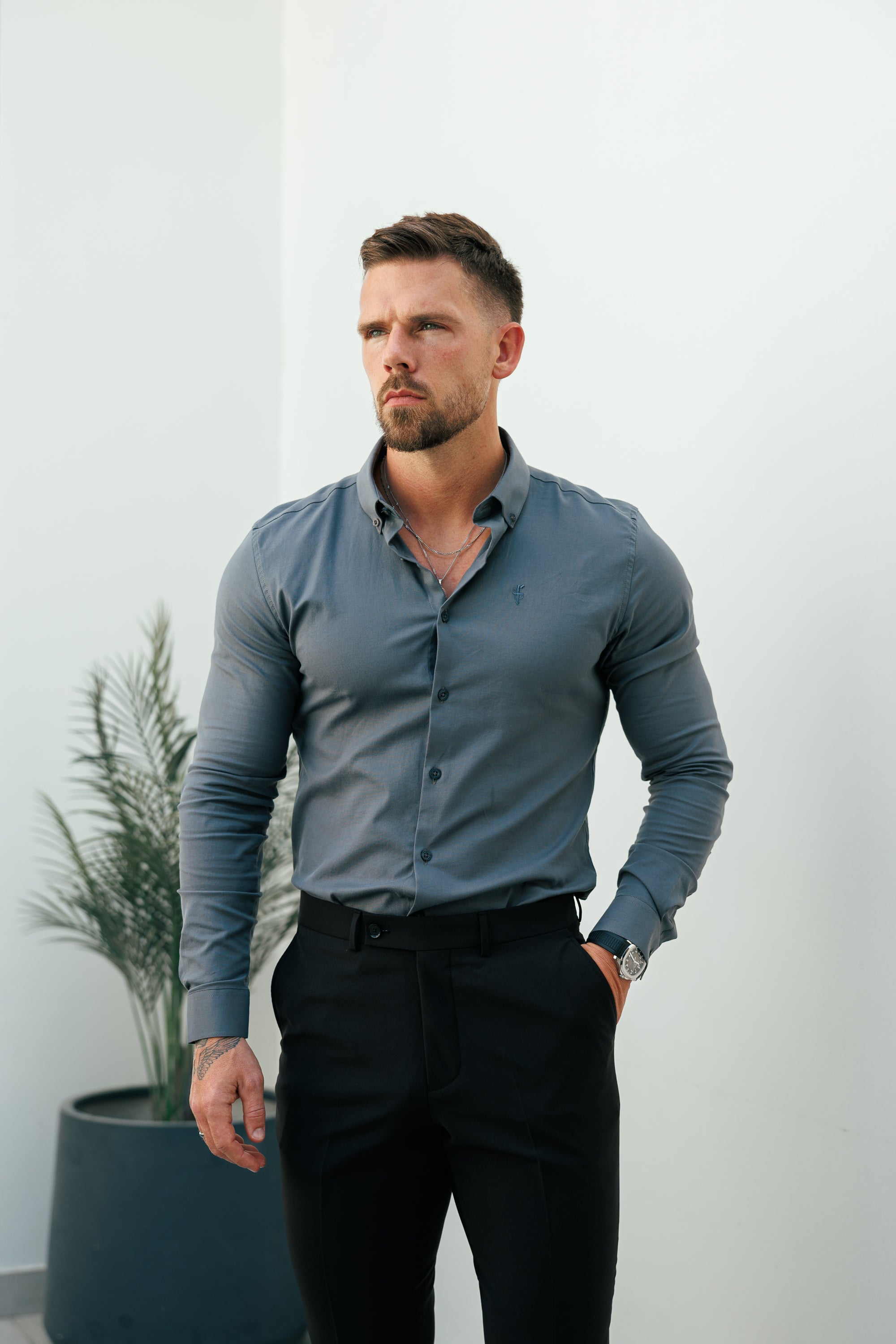 Classic Stretch Oxford Long Sleeve Charcoal with Button Down Collar - FS1221