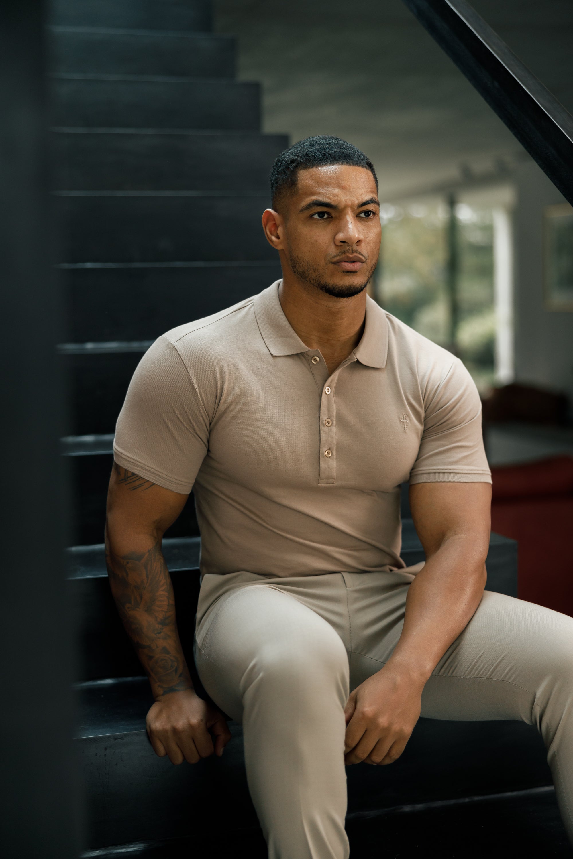 Classic Taupe Polo Shirt with Tonal Button and Embroidery - FSH913