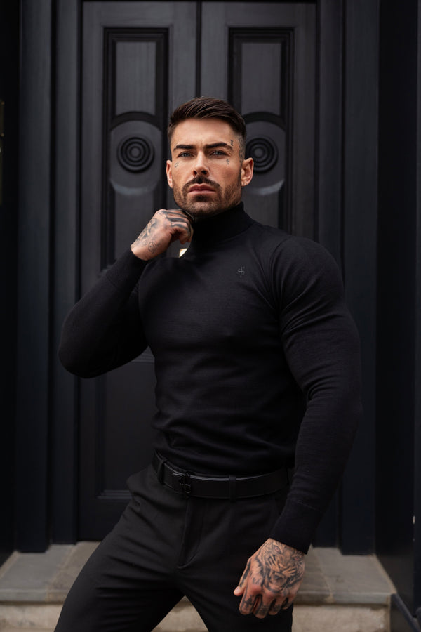 Father Sons Classic Black Roll Neck Knitted Sweater With Tonal Emblem - FSN135