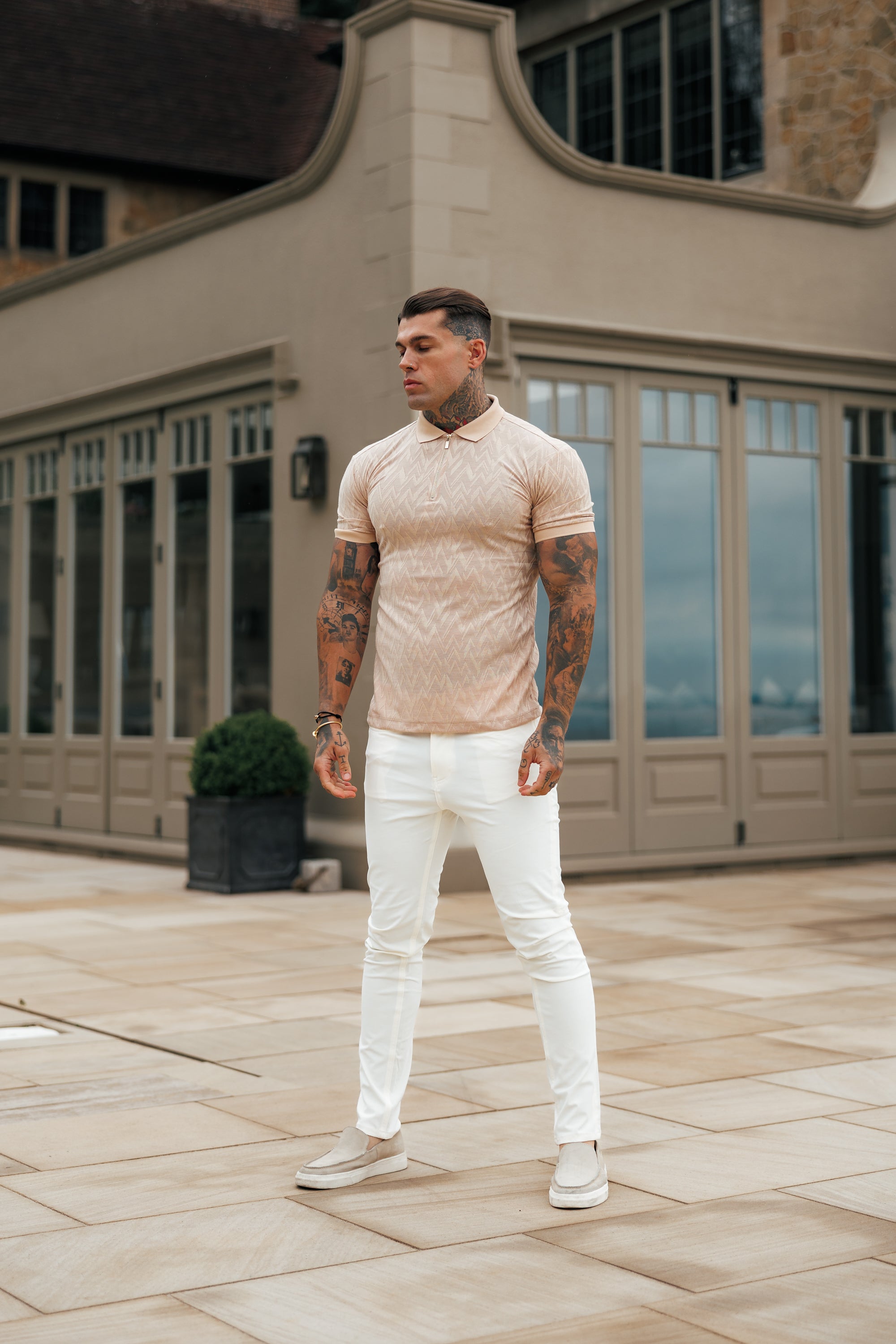 Classic Jacquard Beige Chevron Zipped Polo - FSR023