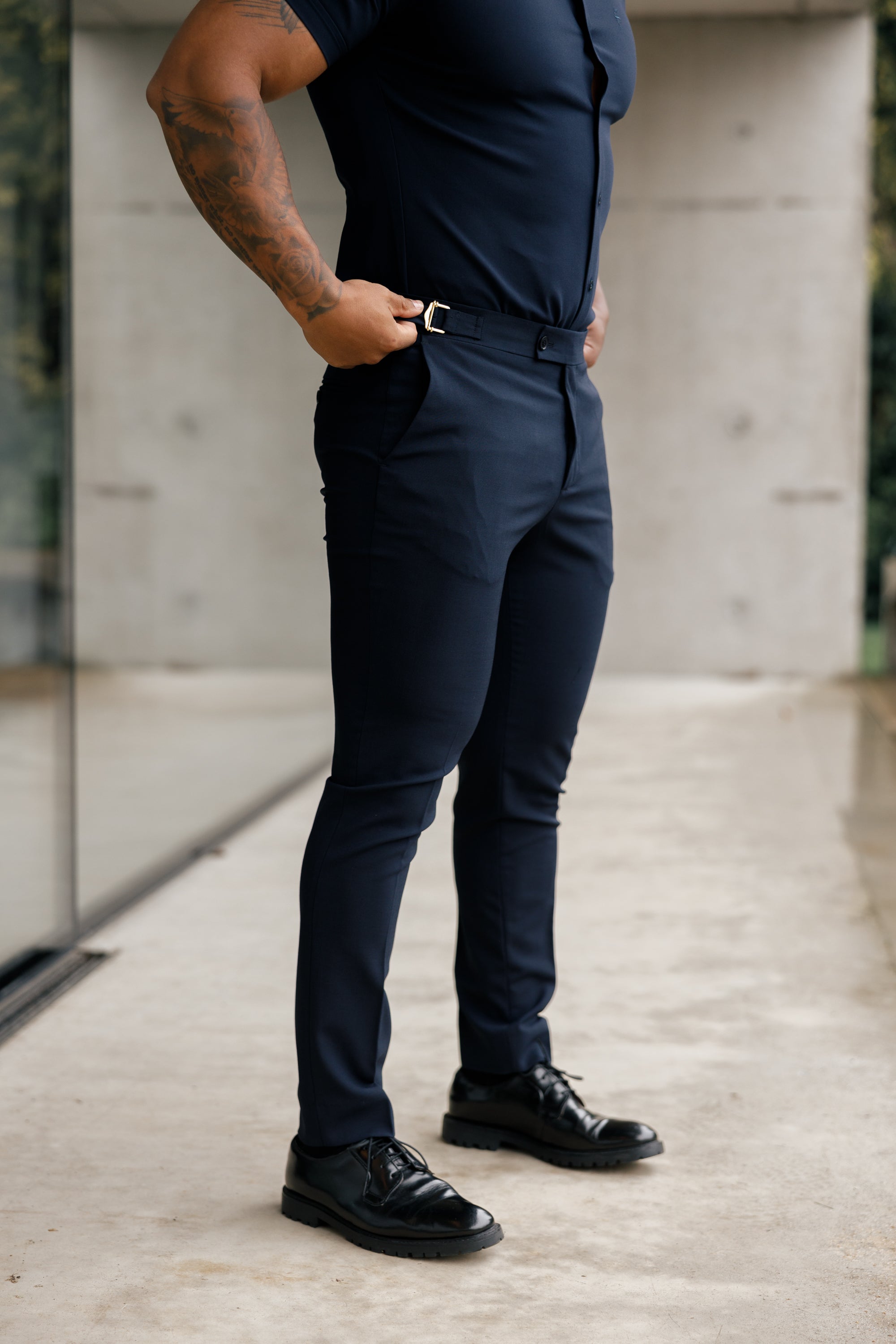 Father Sons Slim Formal Navy Stretch Pants With Gold Waist Adjusters - FST016