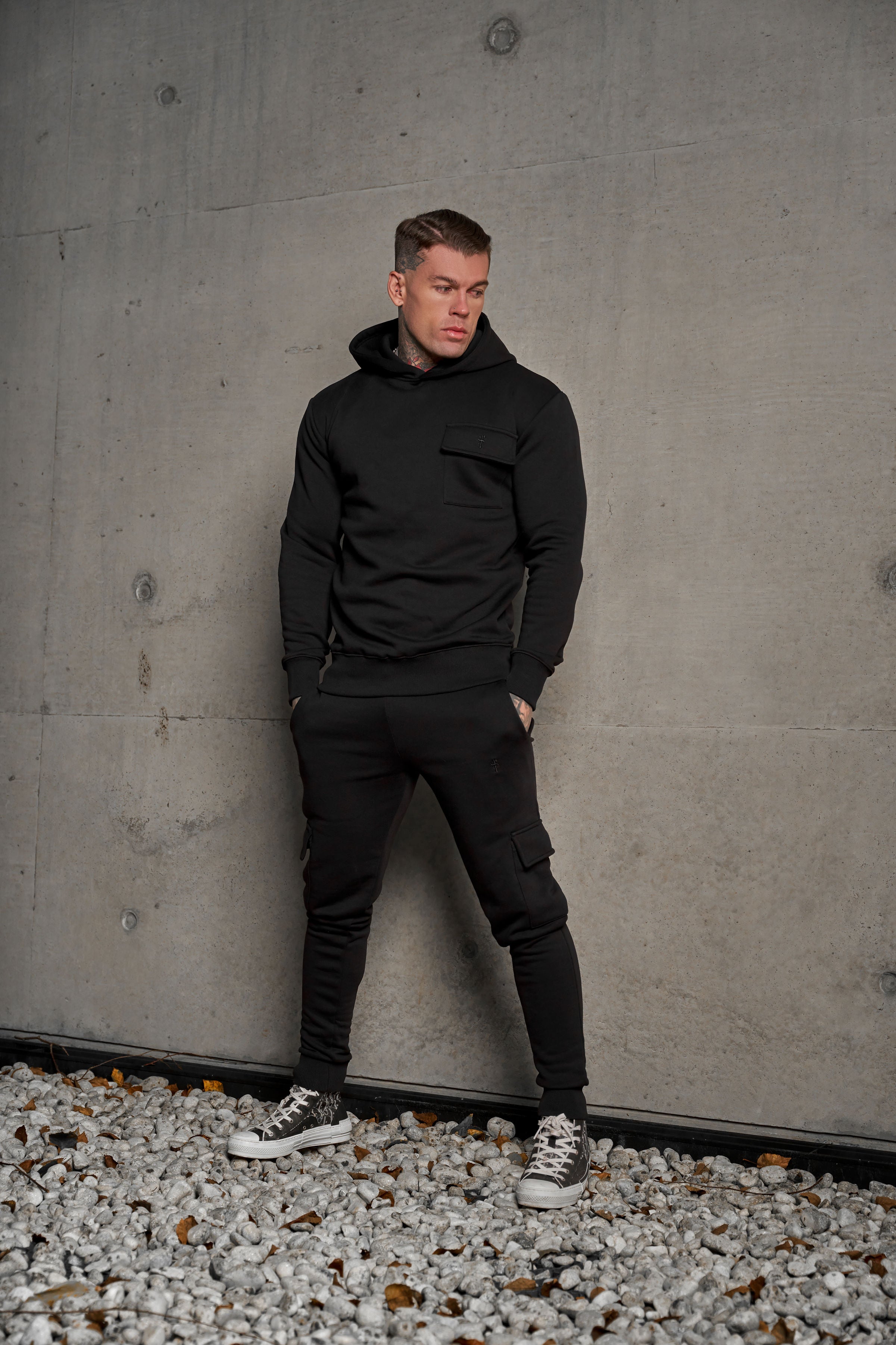 Black Cargo Tracksuit Bottoms With Pockets, Cuffed Hem and FS Embroidery
