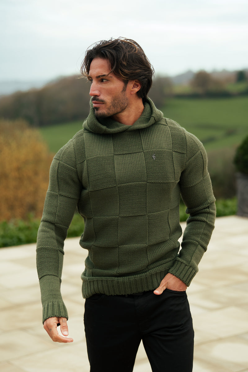 Father Sons Olive Checkerboard Knitted Hoodie - FSJ137 (PRE ORDER 11TH DECEMBER)