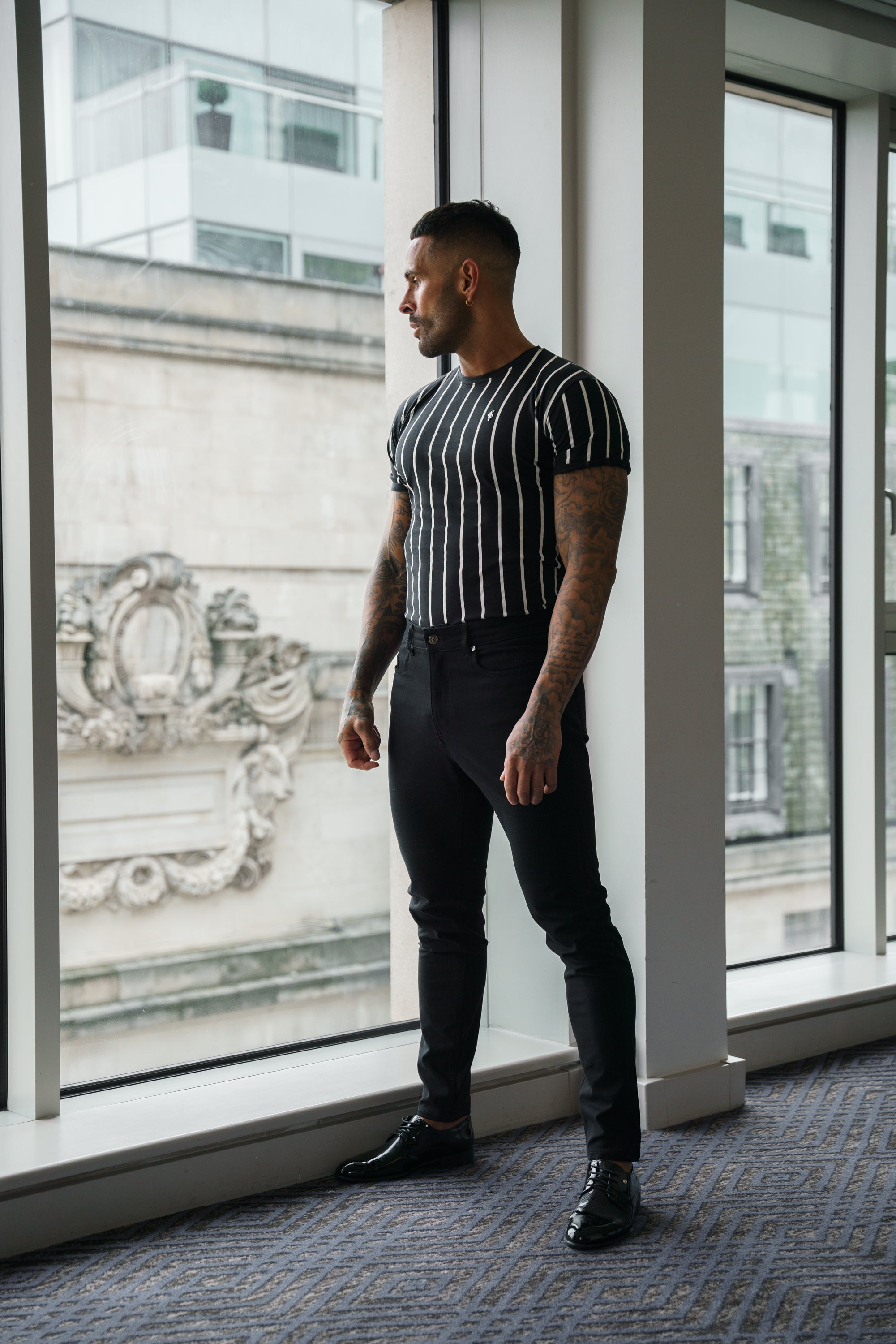 Printed Black / White Stripe Fitted T Shirt - FSH1167