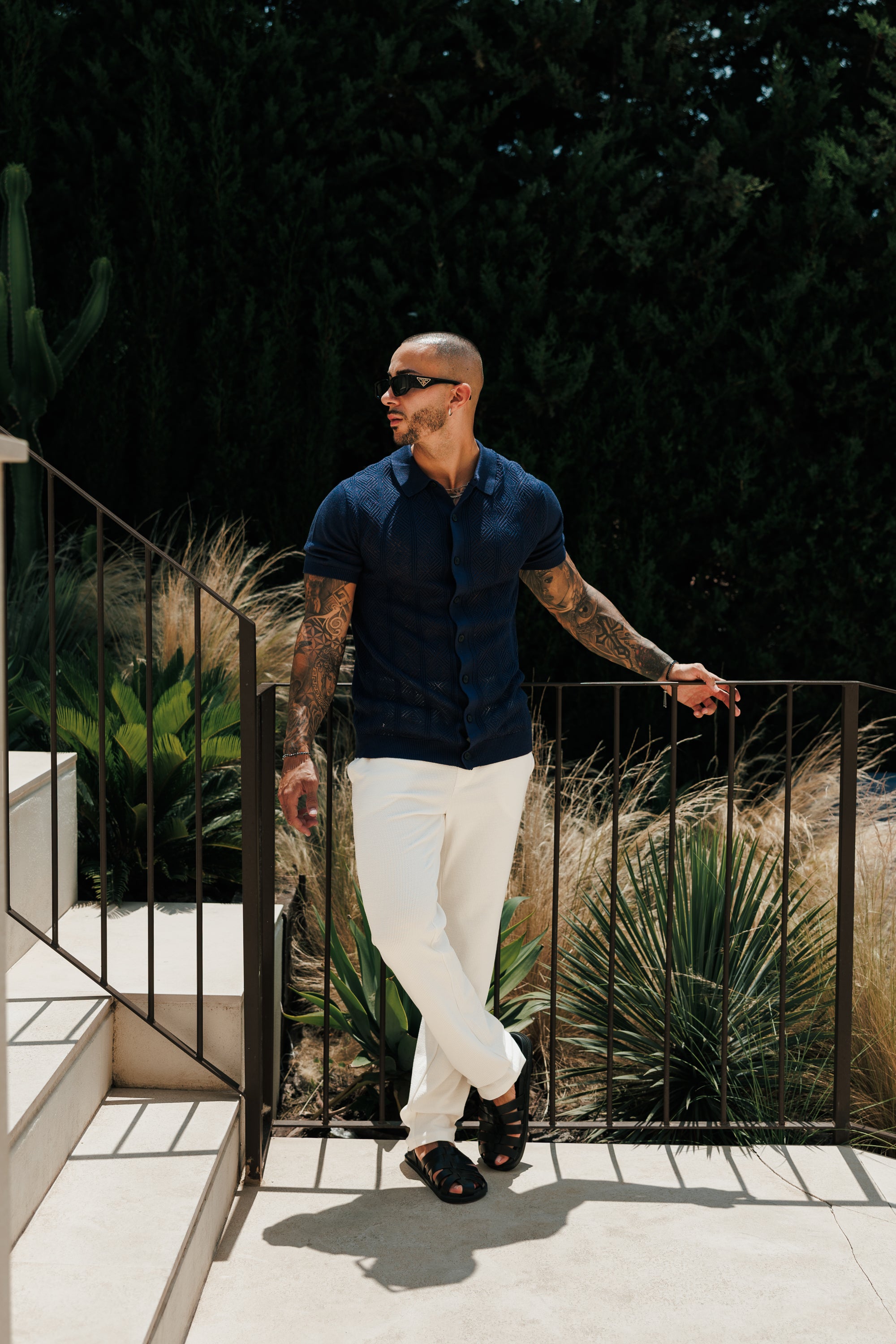 Navy Diamond Stripe Perforated Shirt Short Sleeve - FSA023 (PRE ORDER 31ST AUGUST)