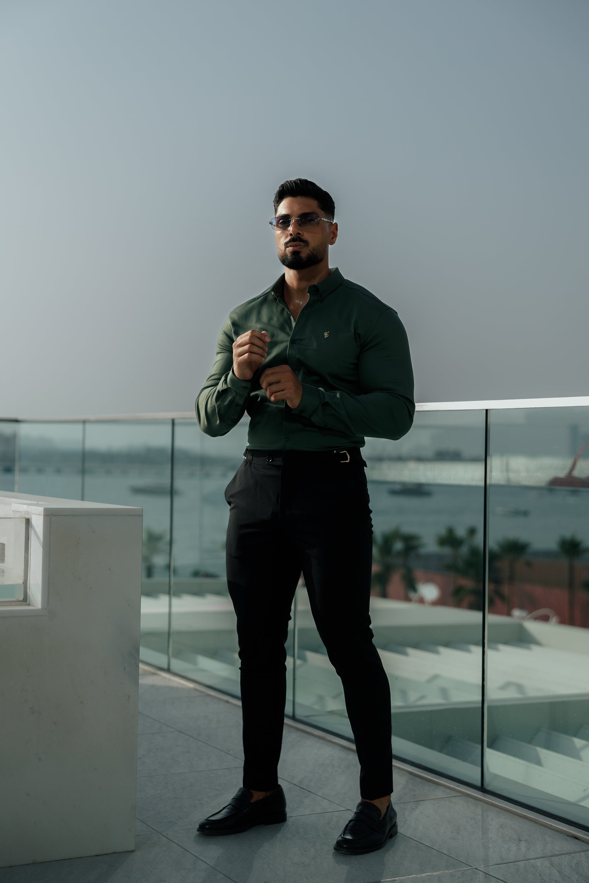 Super Slim Stretch Khaki Denim Long Sleeve with Gold Metal Decal and Button Down Collar - FS1044