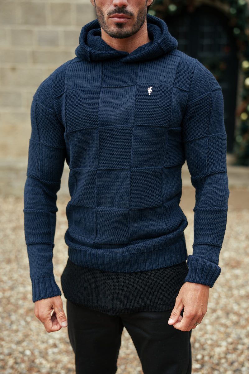 Father Sons Navy Checkerboard Knitted Hoodie - FSJ138 (PRE ORDER 11TH DECEMBER)