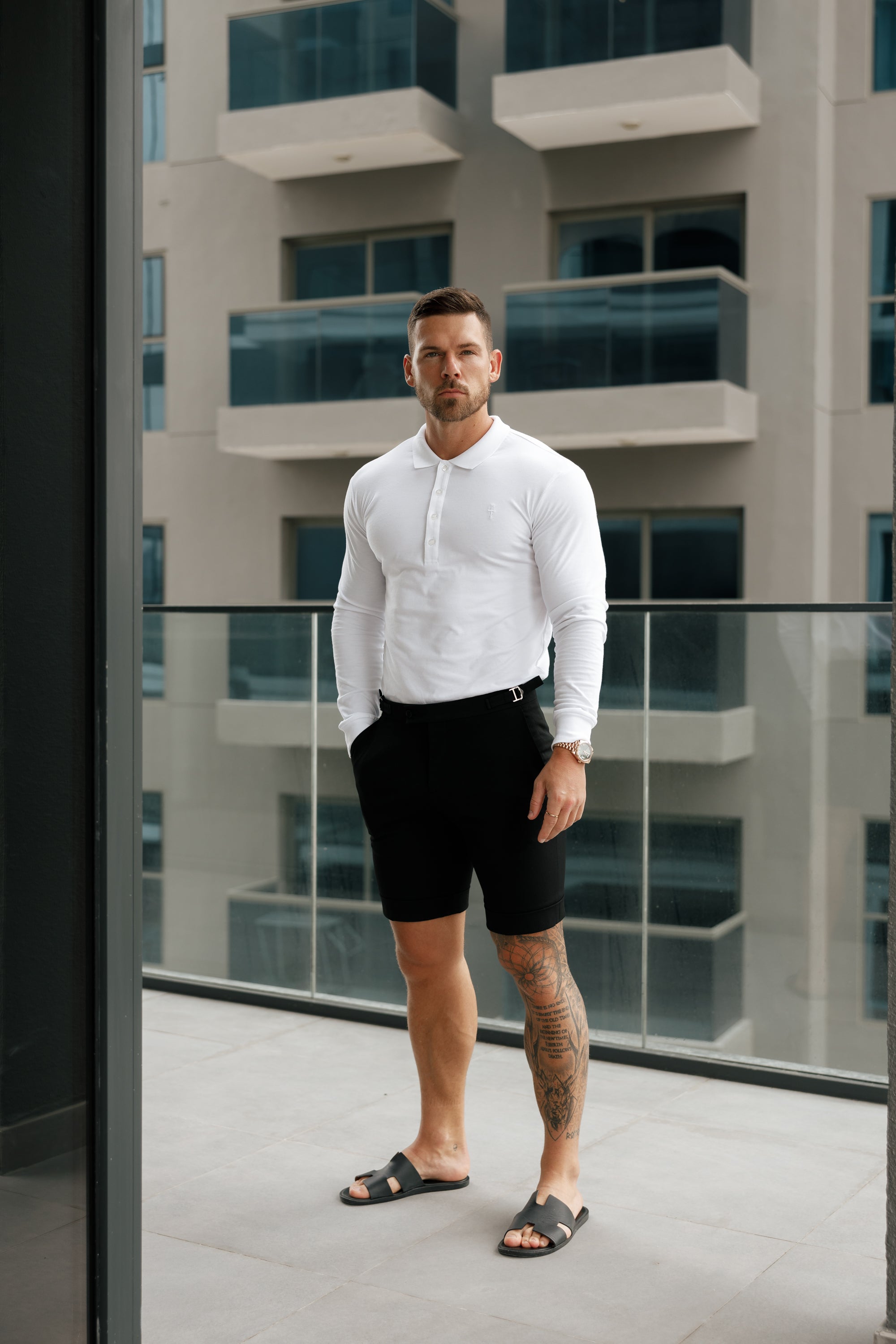 Classic White Tonal  Polo Long Sleeve Shirt - FSH858