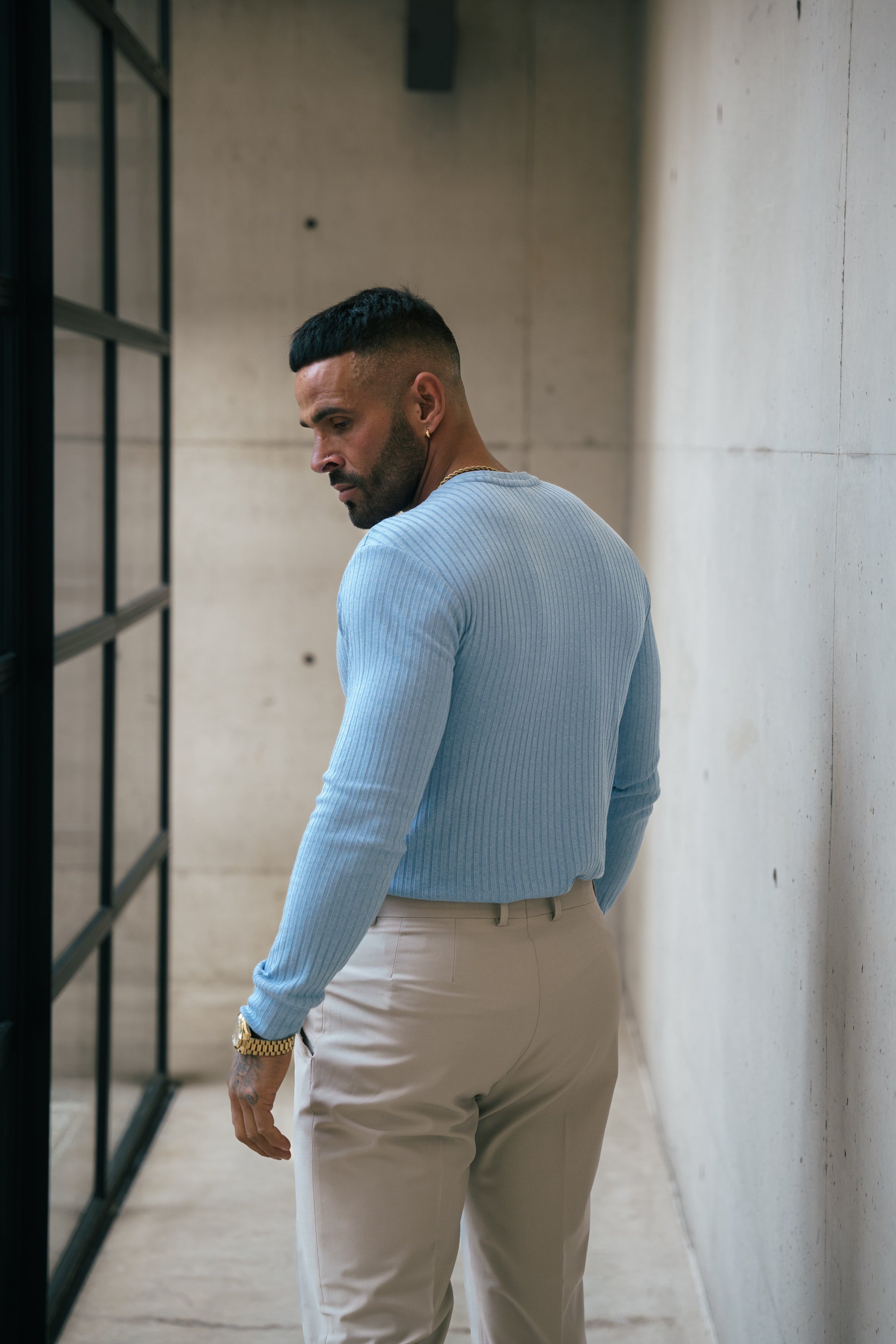 Father Sons Classic Light Blue Ribbed Knit Jumper With Tonal Embroidery -  FSH1286