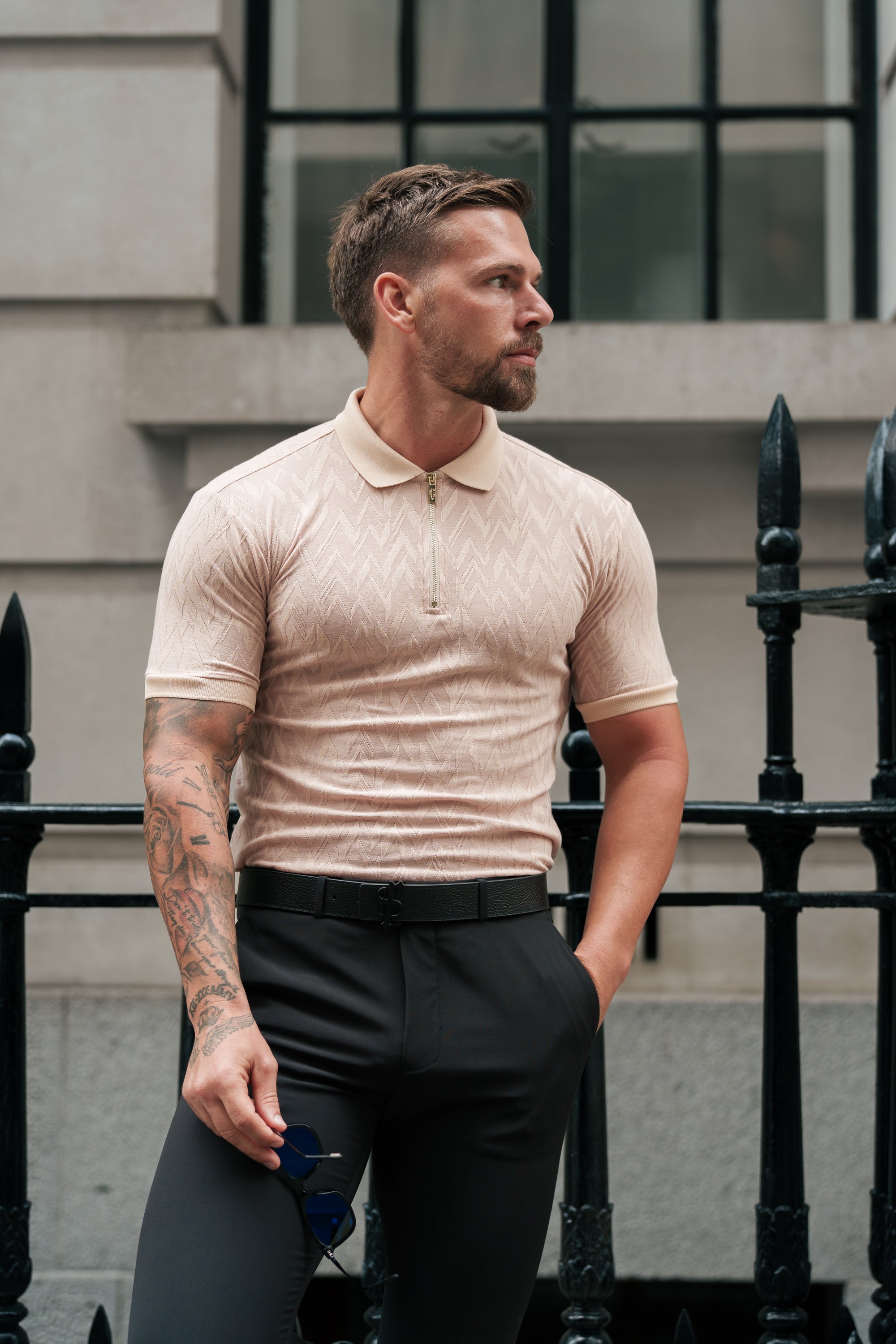 Classic Jacquard Beige Chevron Zipped Polo - FSR023