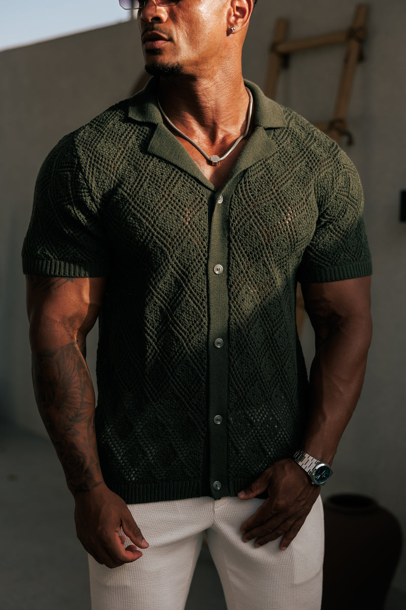 Father Sons Crochet Shirt Deep Olive Short Sleeve - FSJ081