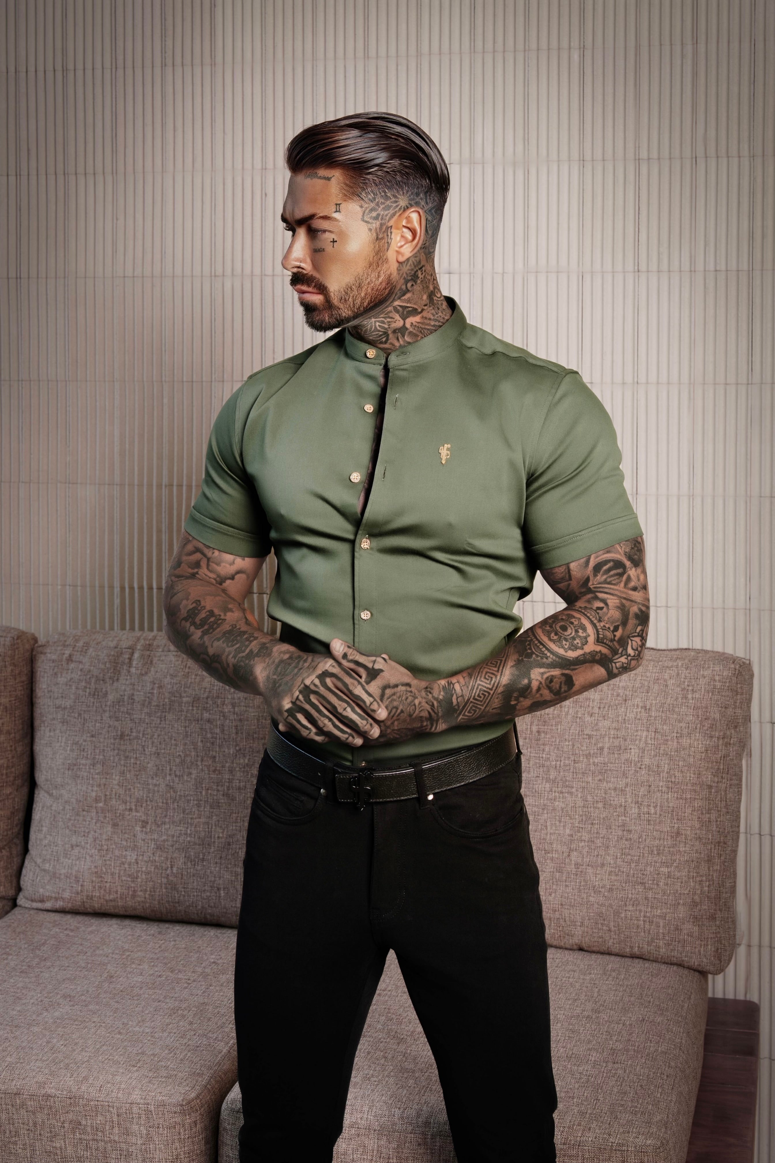 Super Slim Stretch Khaki Denim Short Sleeve Grandad collar with Metal Buttons and Decal Emblem - FS716