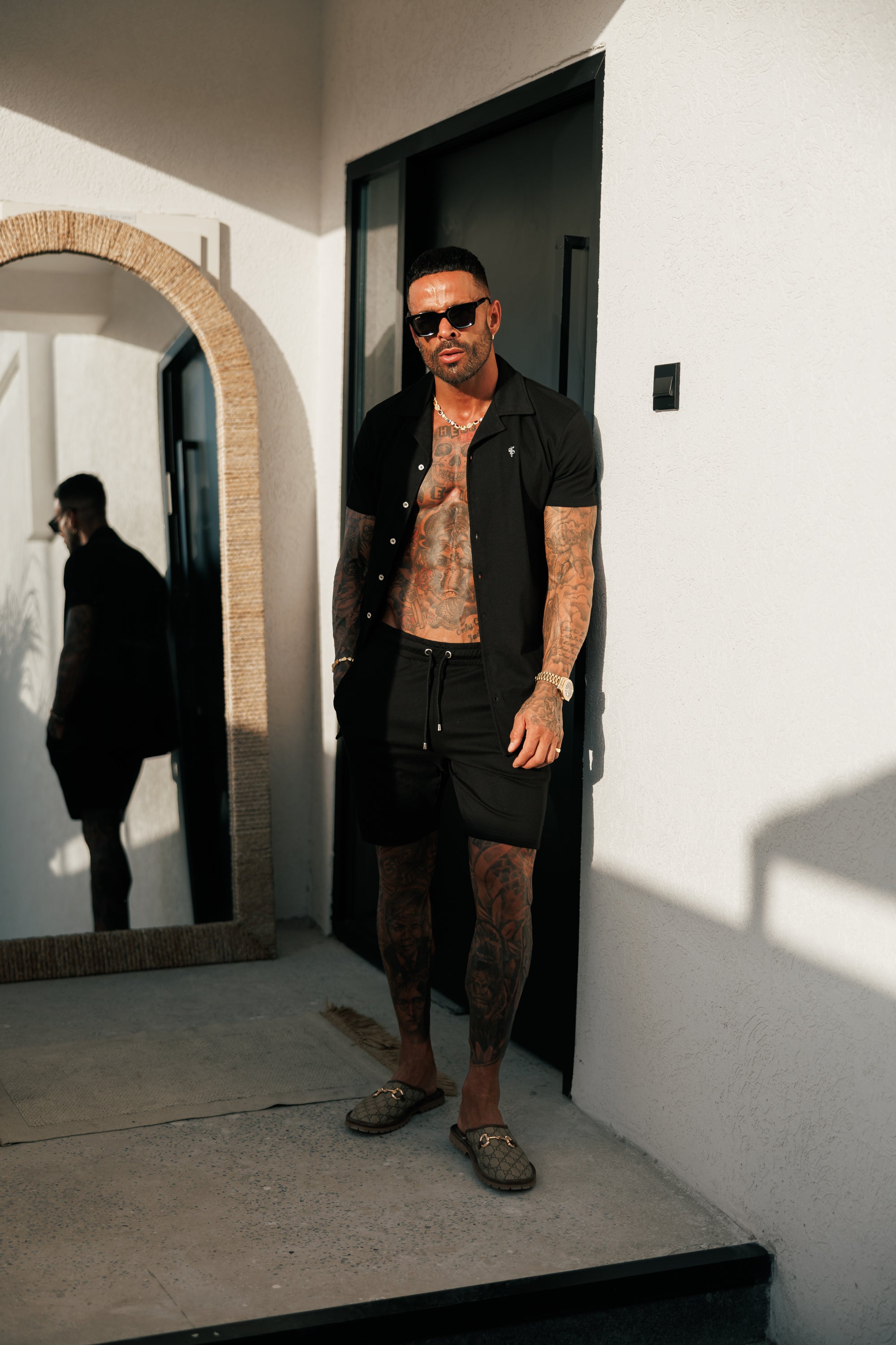 Stretch Black / Silver Pique Revere Shirt Short Sleeve - FSH1355