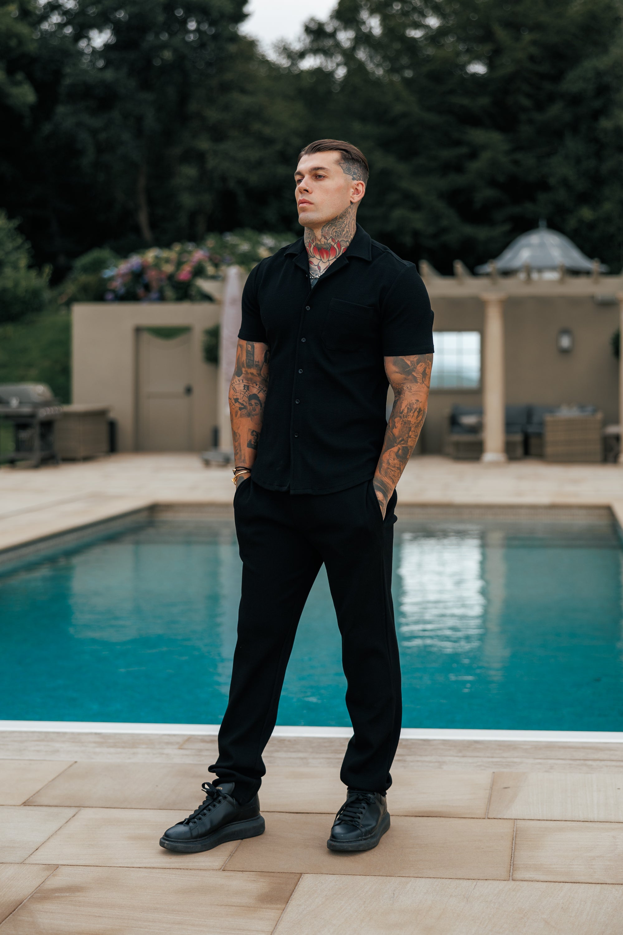 Jersey Cord Stretch Black Revere Shirt Short Sleeve - FSR018