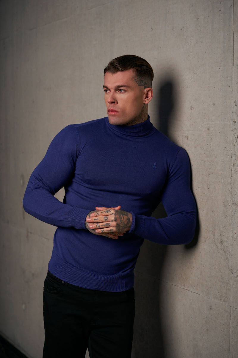 Father Sons Classic Ocean Blue Roll Neck Knitted Sweater With Tonal Emblem - FSN136