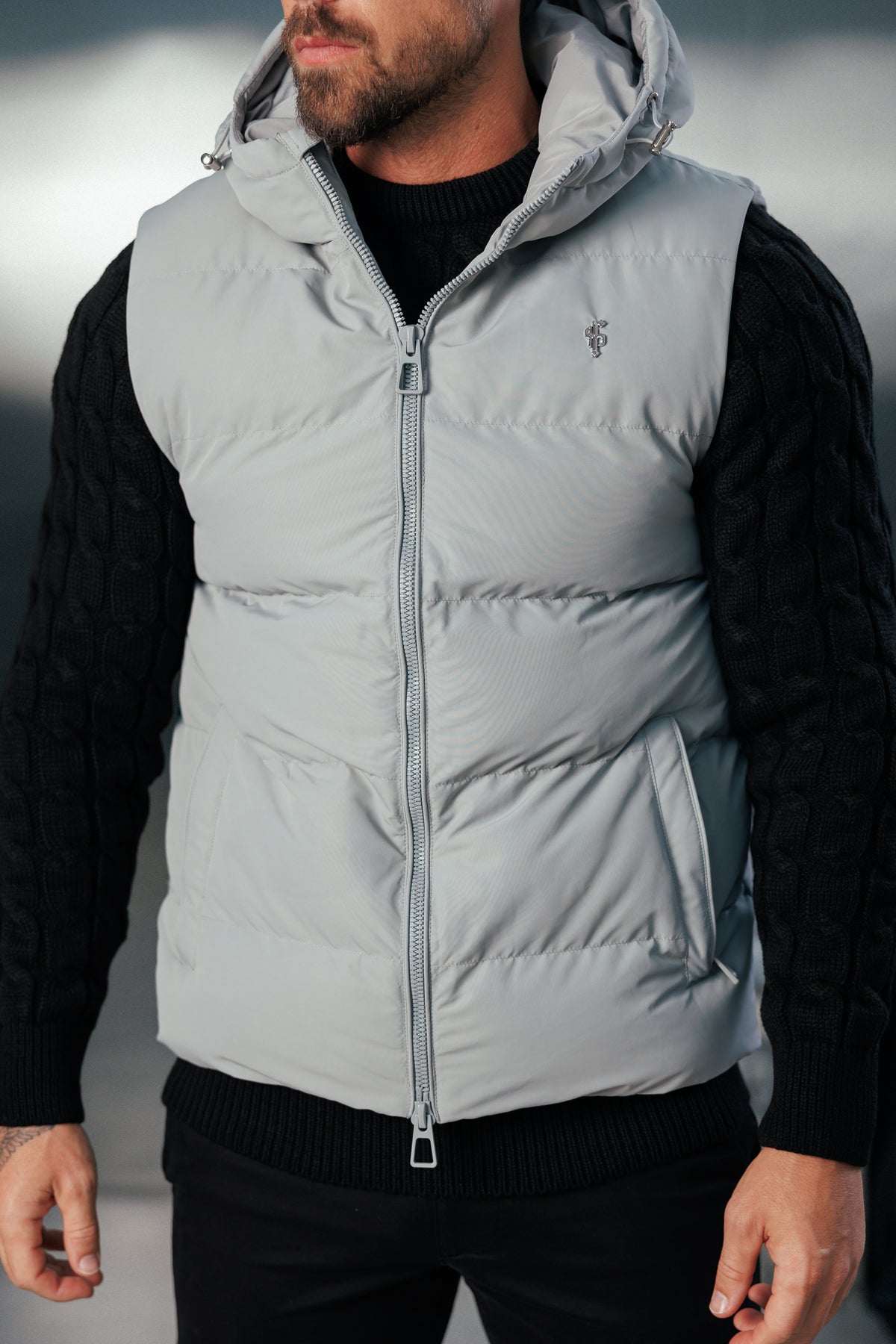 Mid Grey Padded Hooded Gilet - FSN244