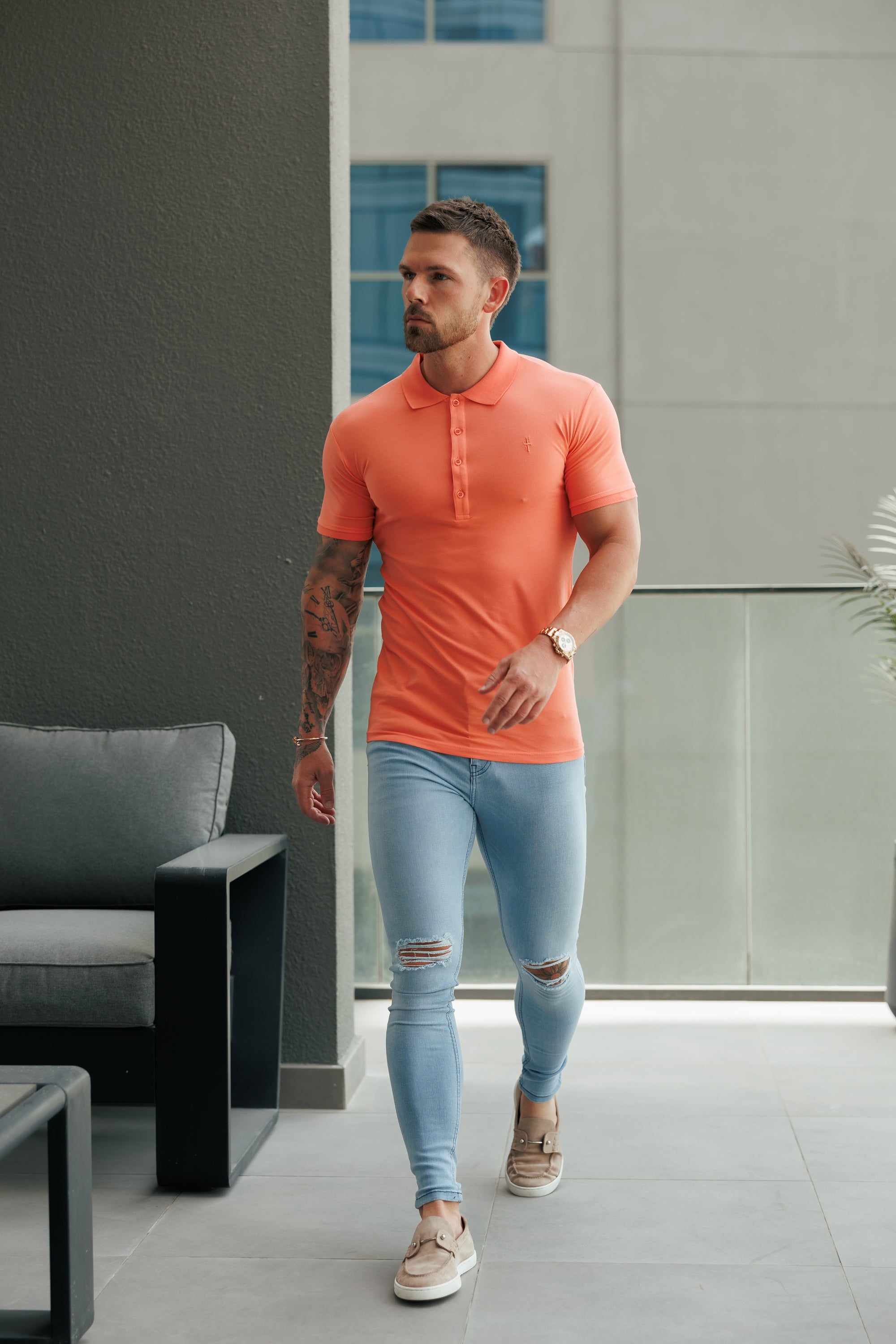 Classic Salmon Polo Shirt with Tonal Button and Embroidery - FSH1271