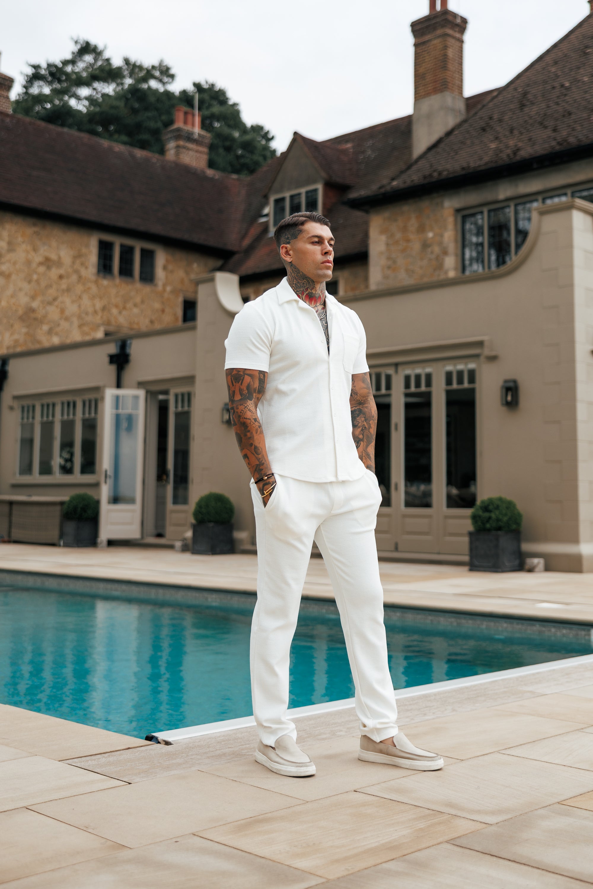 Jersey Cord Stretch White Revere Shirt Short Sleeve - FSR017