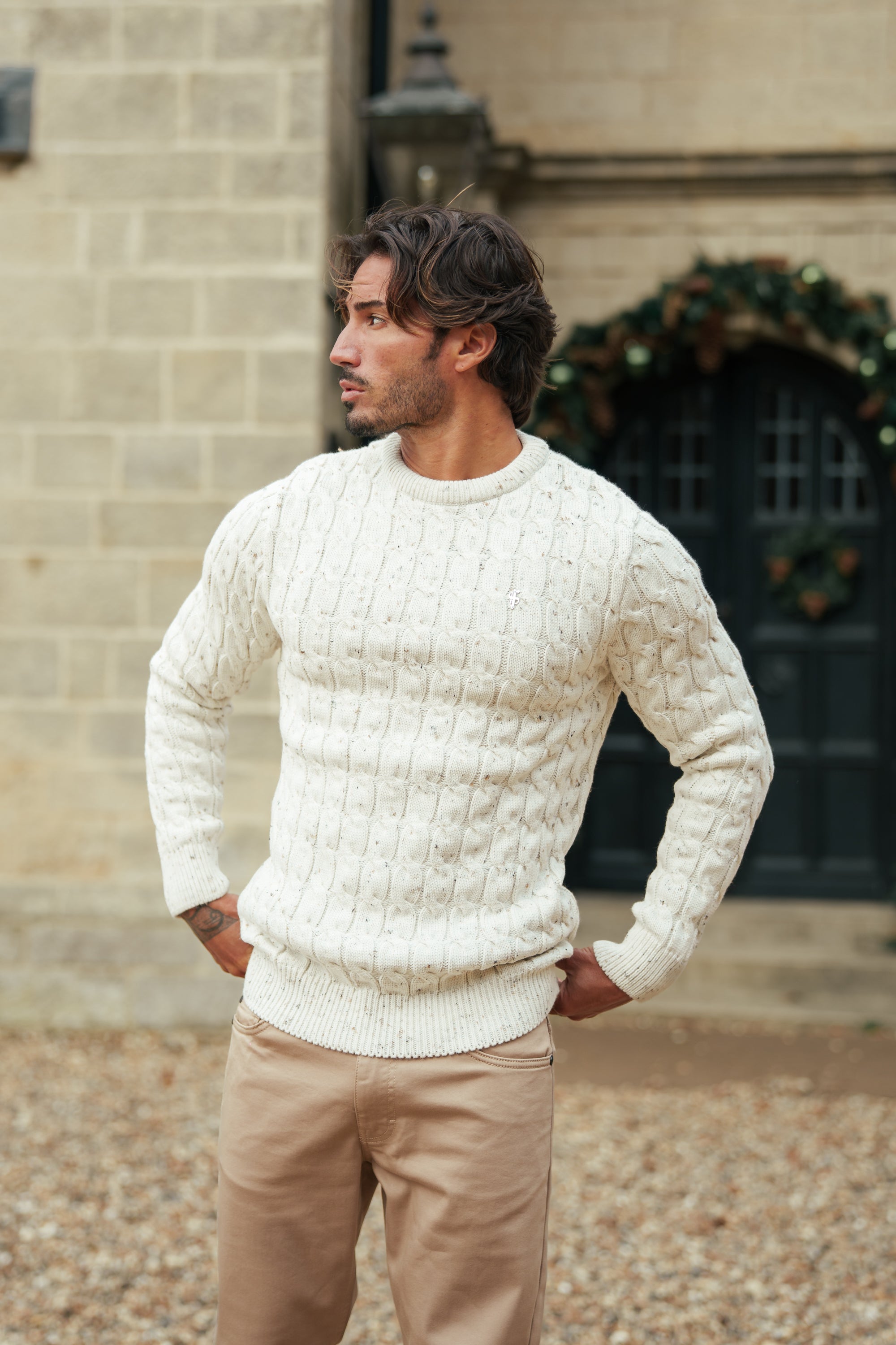 Link Weave Knit Beige Fleck Crew Neck Jumper - FSJ128