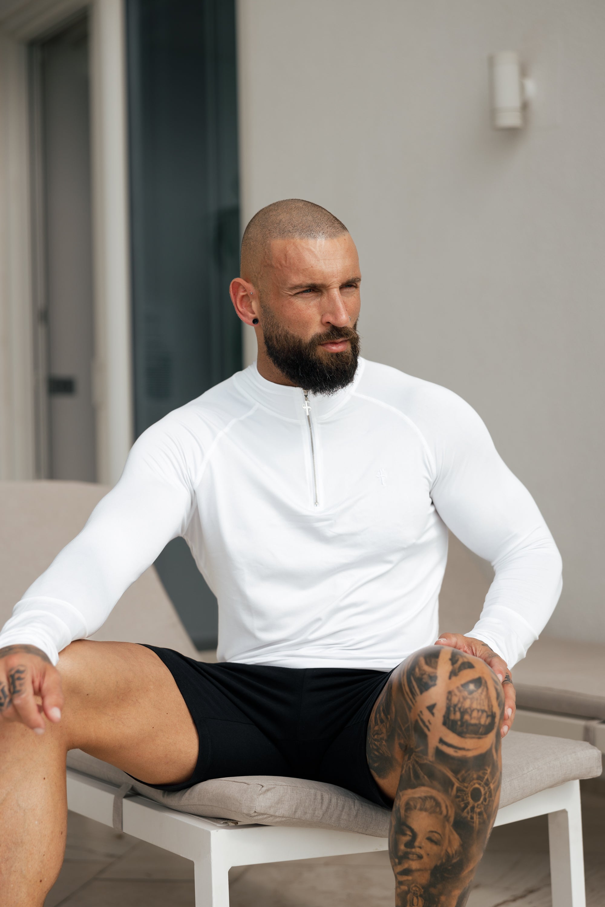 Long Sleeve White / Silver Half Zip Gym Top - FSH888