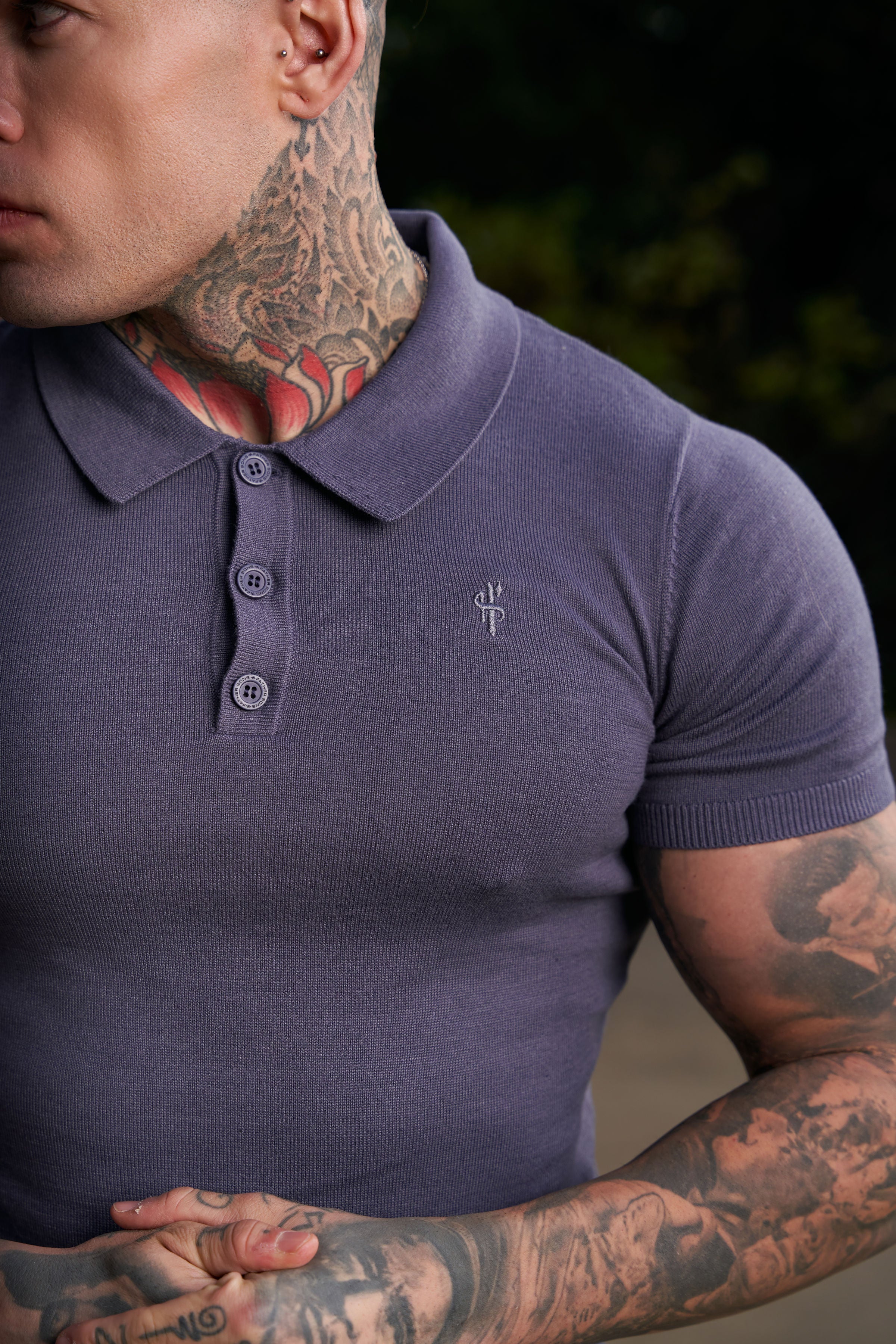Father Sons Classic Gunmetal Knitted Polo Sweater Short Sleeve With Tonal FS Embroidery- FSN145