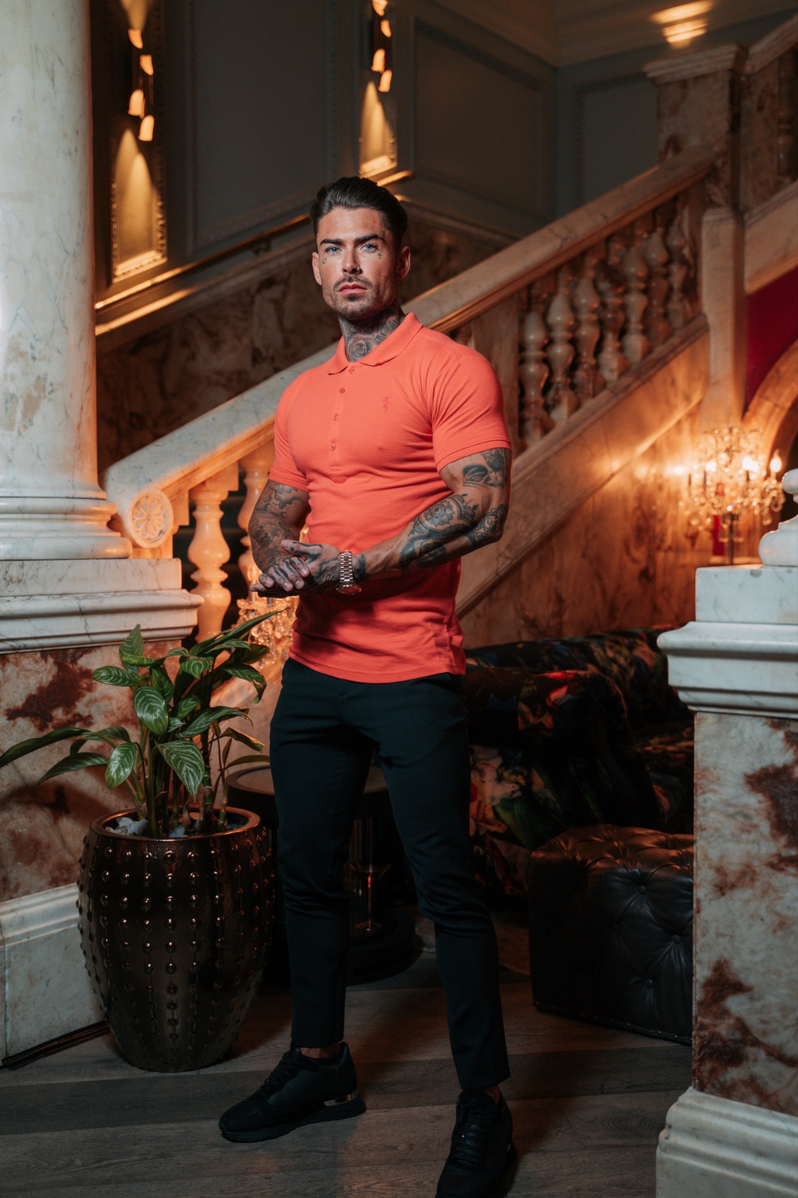 Classic Coral Polo Shirt with Tonal Button and Embroidery - FSH873