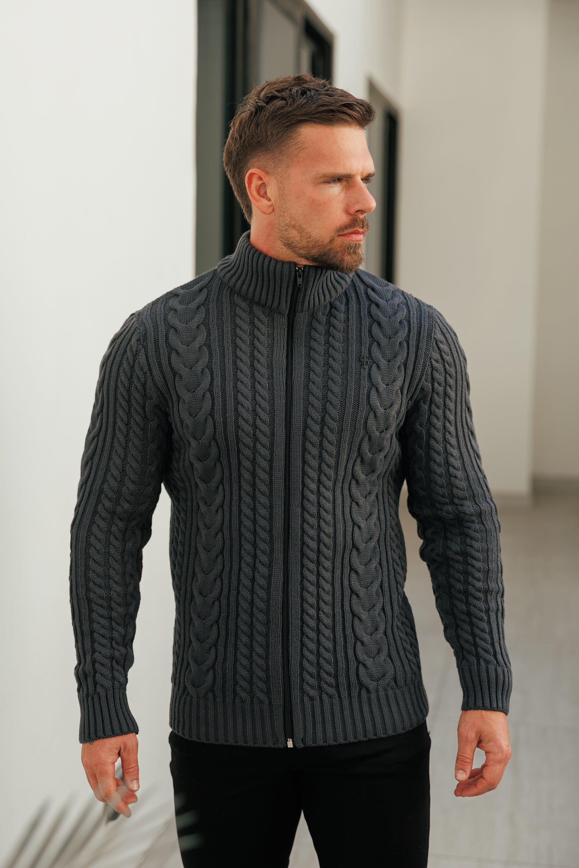 Funnel Neck Full Zip Cardigan Gunpowder -  FSJ147