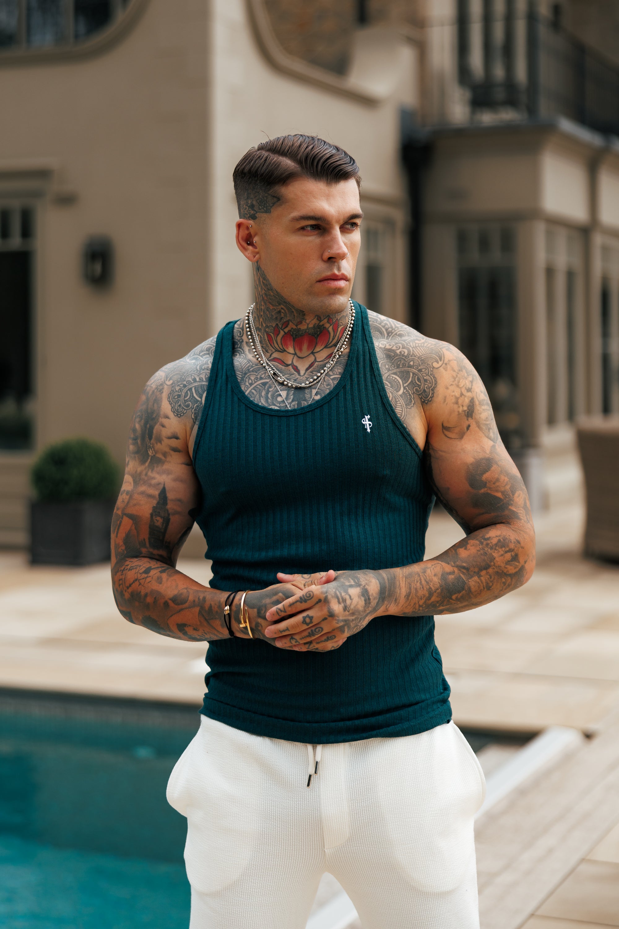 Forest Green / White Ribbed Knit Super Slim Vest - FSH1327