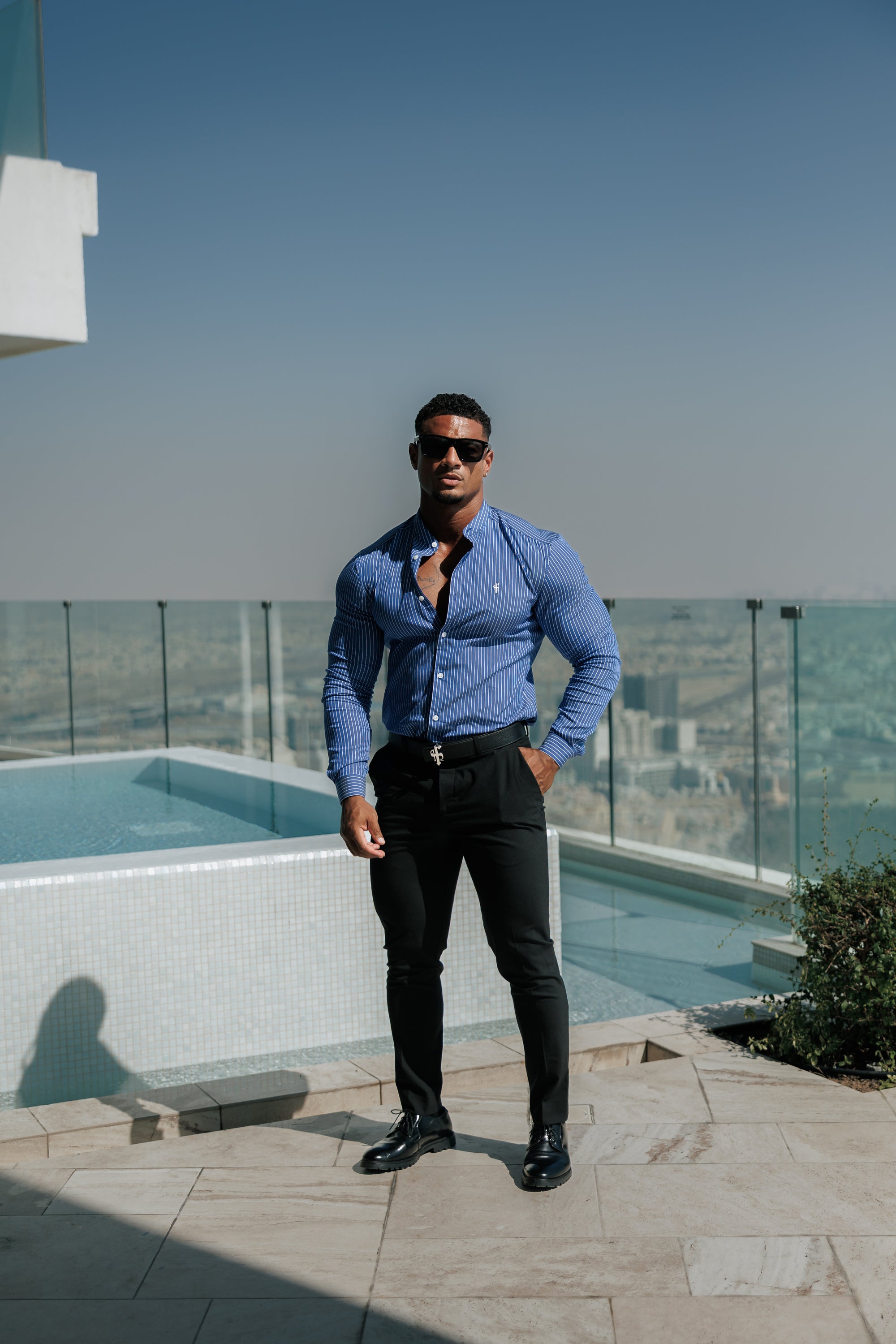 Super Slim Stretch Ocean Blue Printed Pinstripe Long Sleeve with Grandad Collar - FS1063