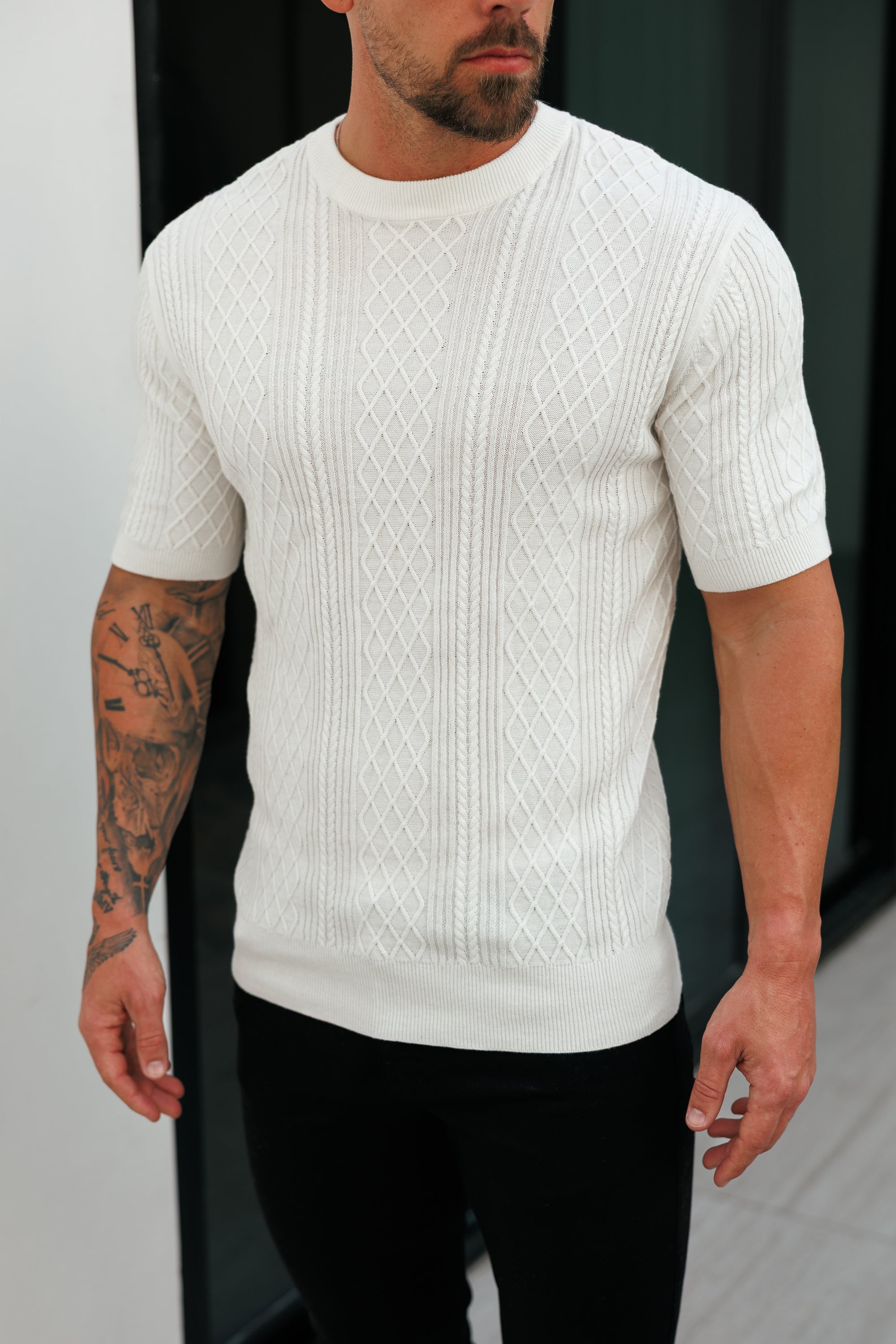 Fine Knit Diamond Off White Jumper Short Sleeve  -  FSA009