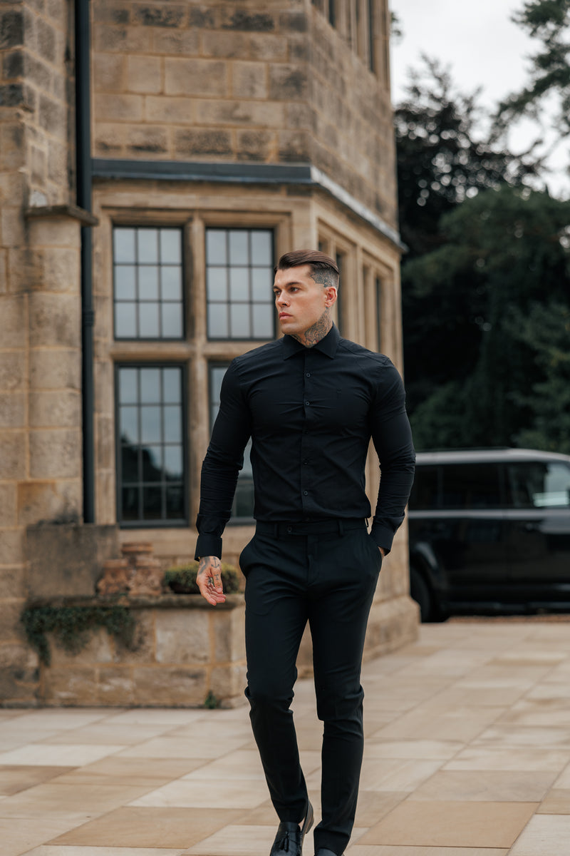 Father Sons Muscle Fit Advanced Stretch Black Cutaway Collar Shirt  - FS1164